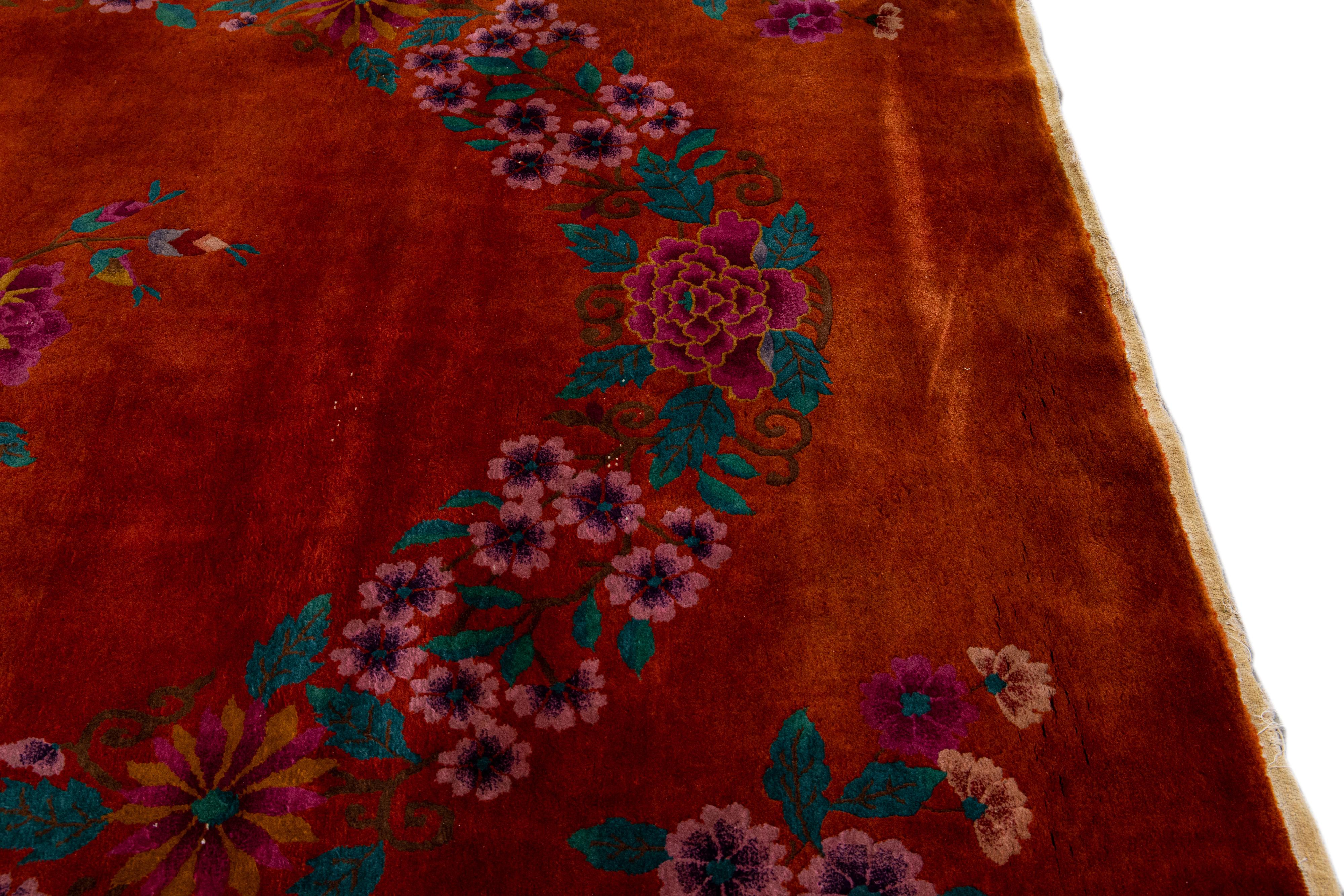 Red Antique Art Deco Handmade Chinese Floral Pattern Wool Rug For Sale 3