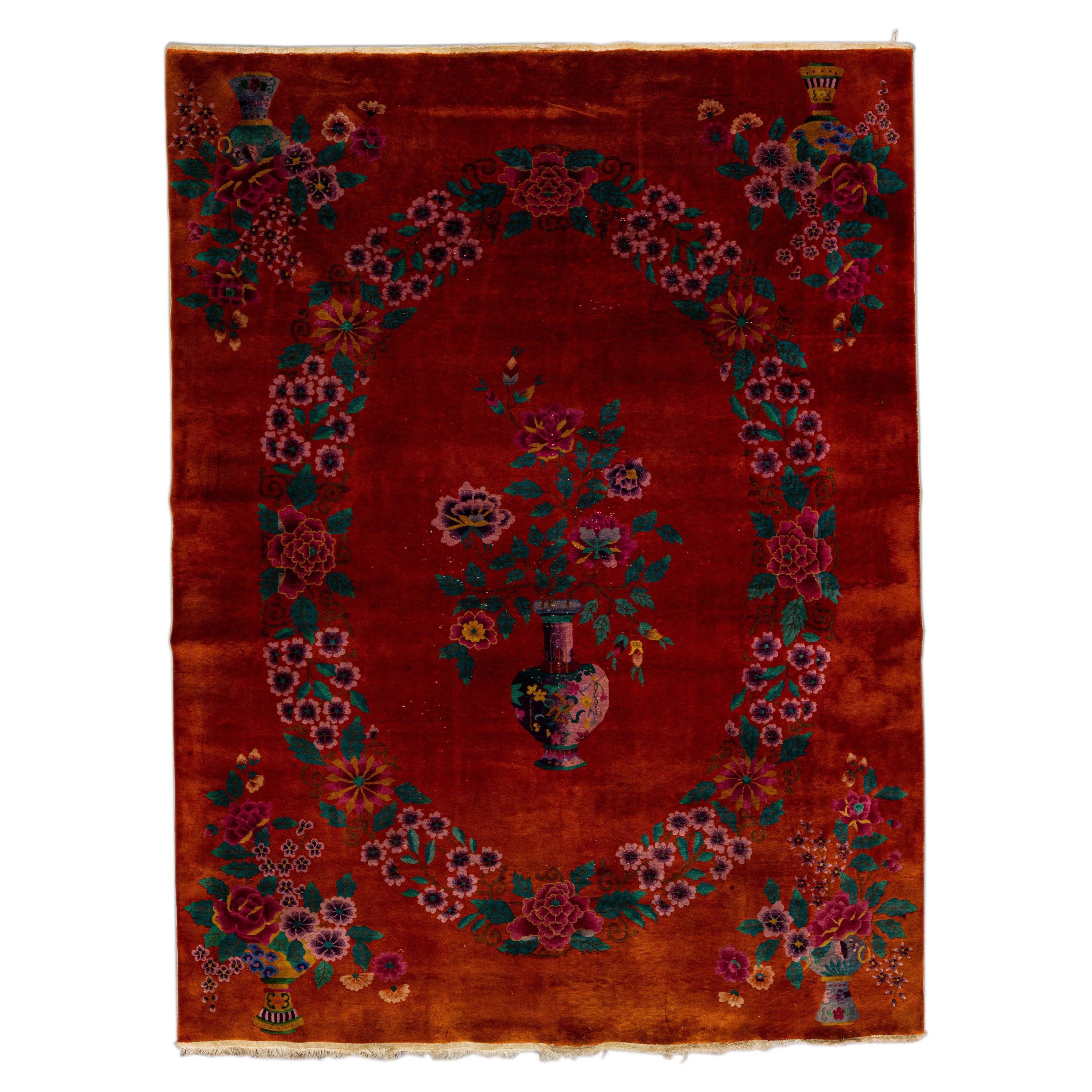 Tapis rouge Art Déco chinois fait à la main à motif floral en vente