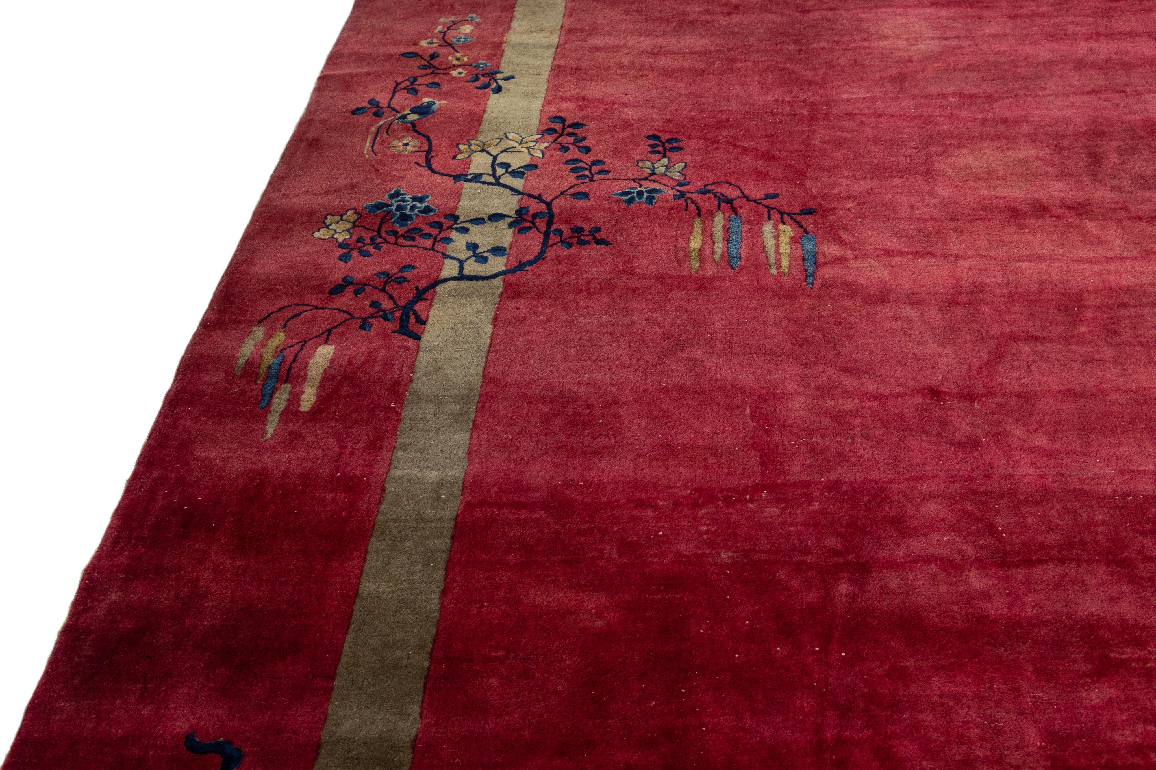 Red Antique Art Deco Handmade Floral Designed Chinese Wool Rug For Sale 6