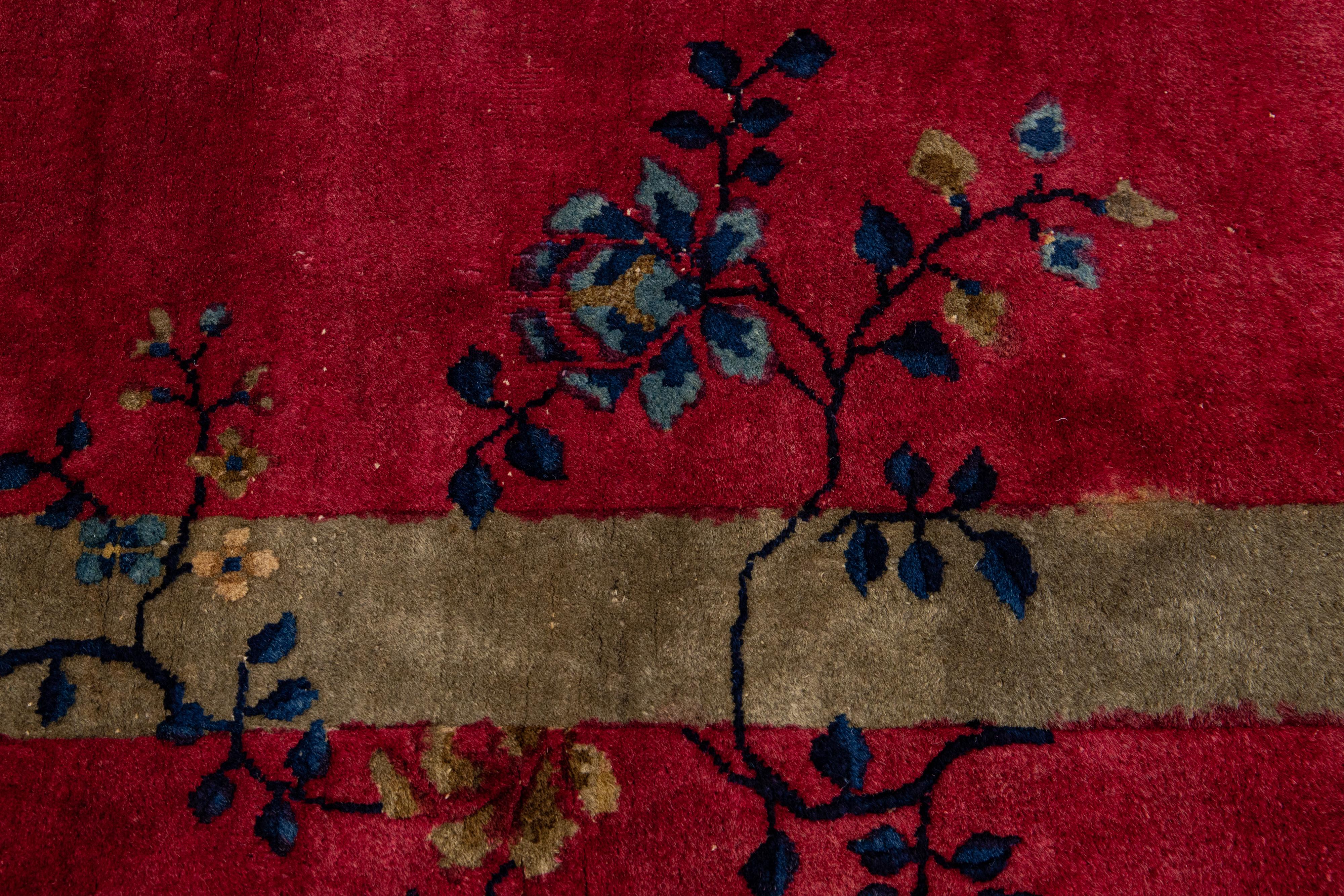 Red Antique Art Deco Handmade Floral Designed Chinese Wool Rug For Sale 9