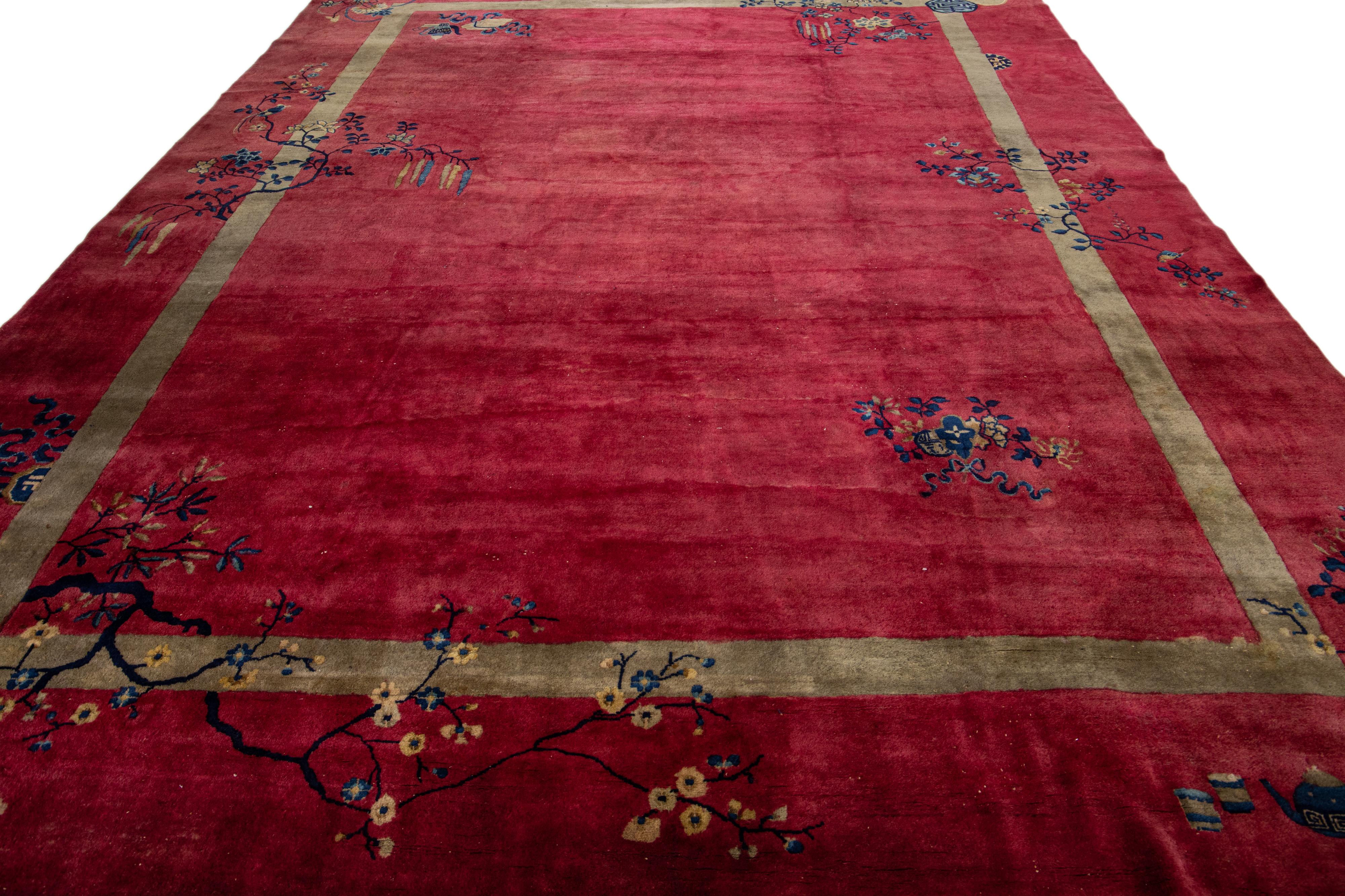 Hand-Knotted Red Antique Art Deco Handmade Floral Designed Chinese Wool Rug For Sale