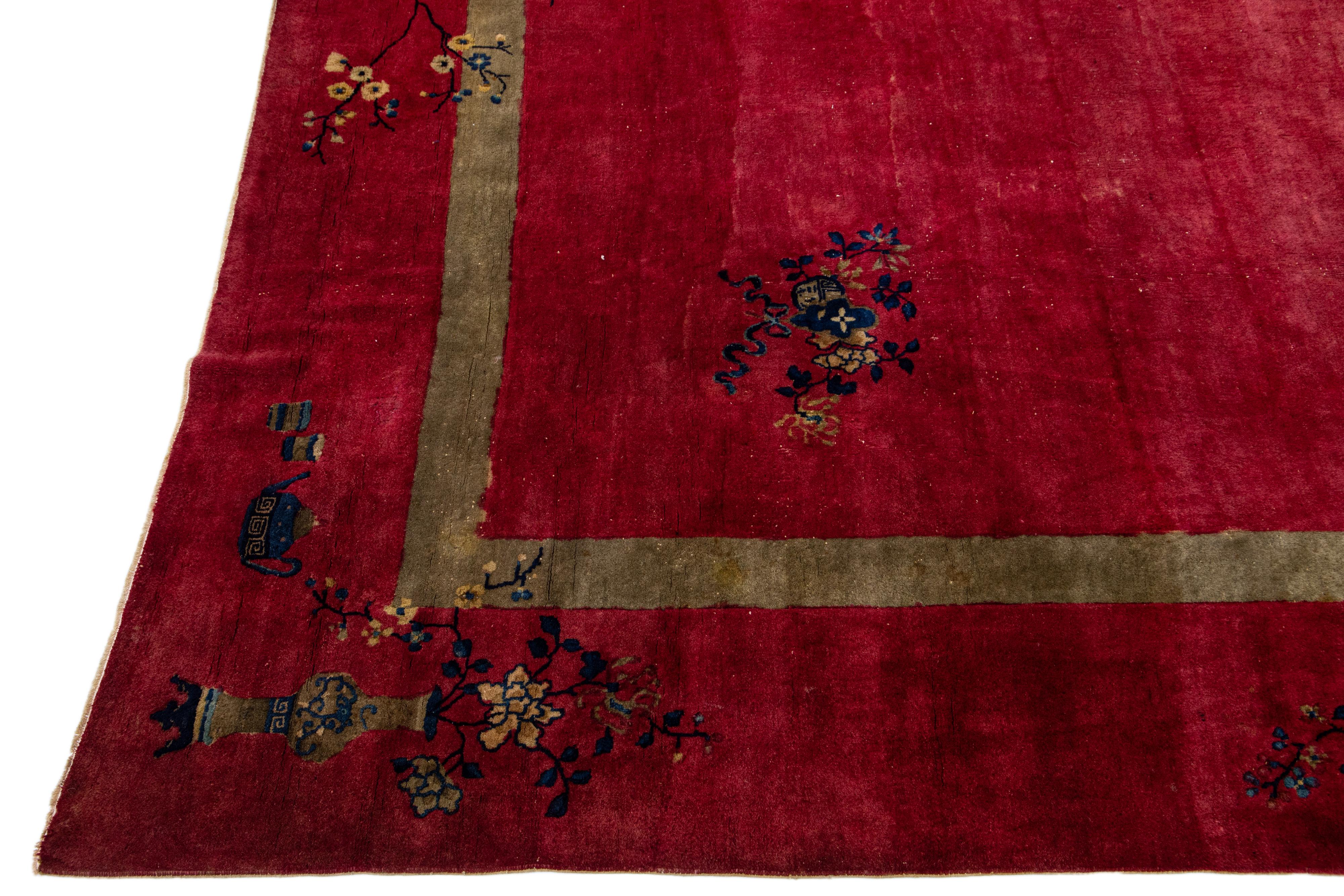Red Antique Art Deco Handmade Floral Designed Chinese Wool Rug In Excellent Condition For Sale In Norwalk, CT