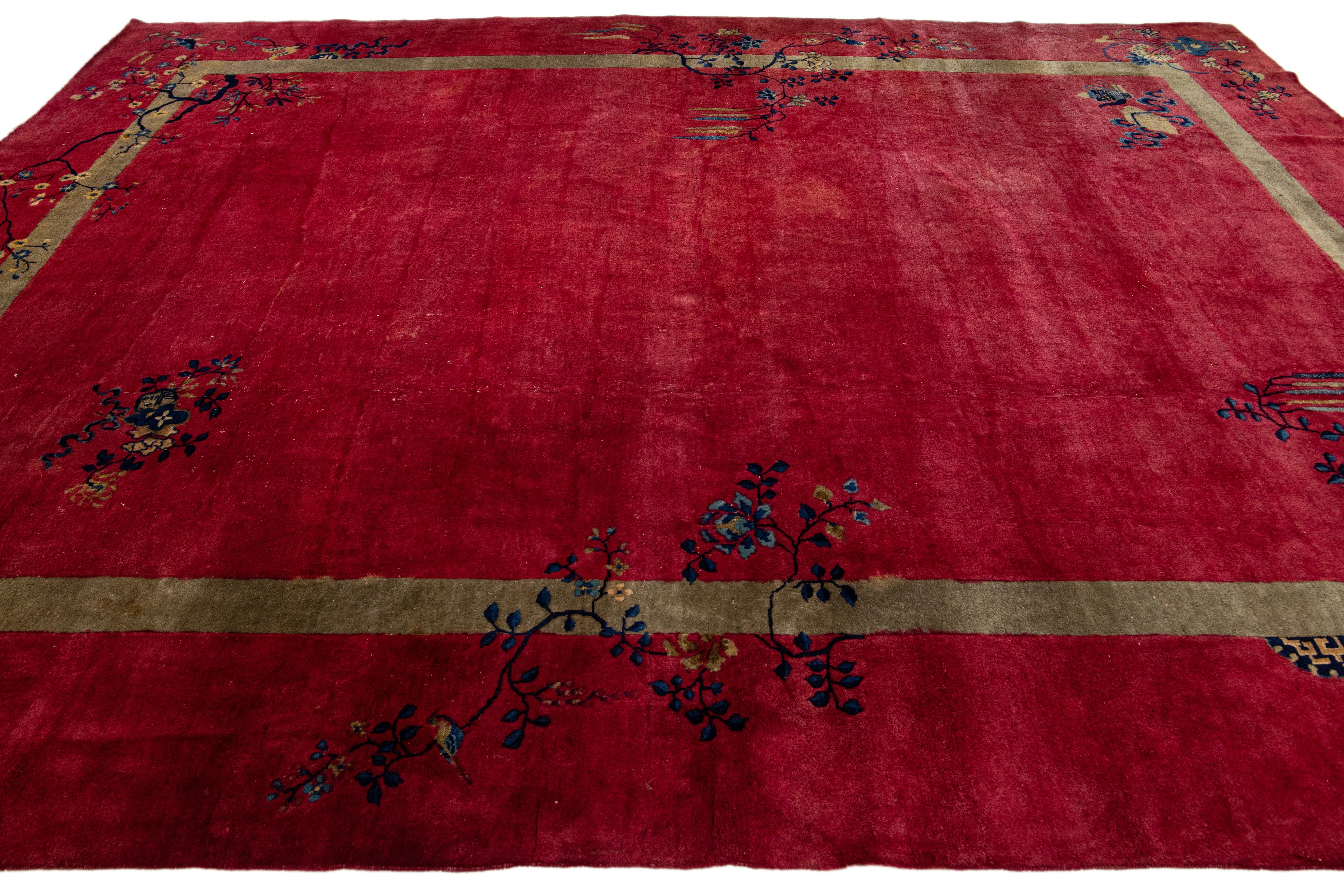 20th Century Red Antique Art Deco Handmade Floral Designed Chinese Wool Rug For Sale