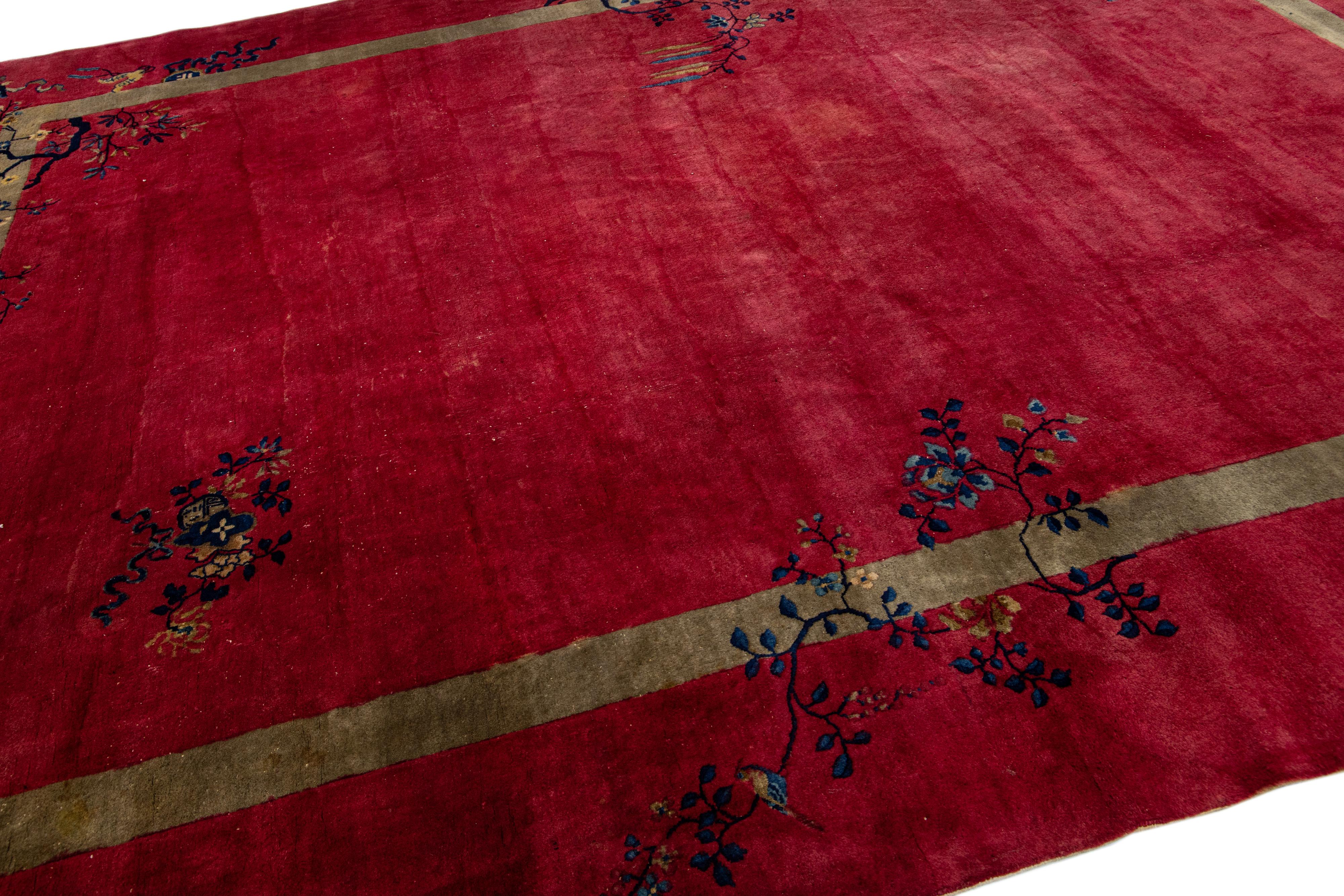 Red Antique Art Deco Handmade Floral Designed Chinese Wool Rug For Sale 1