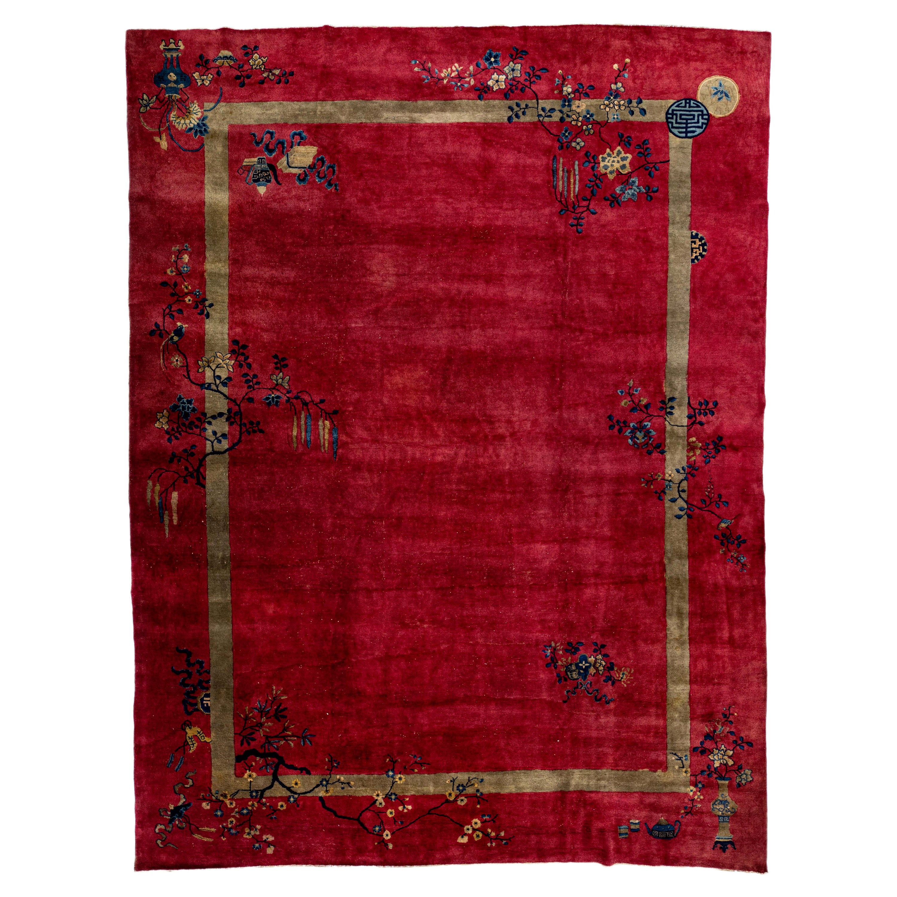 Tappeto rosso antico Art Deco fatto a mano con disegni floreali in lana cinese