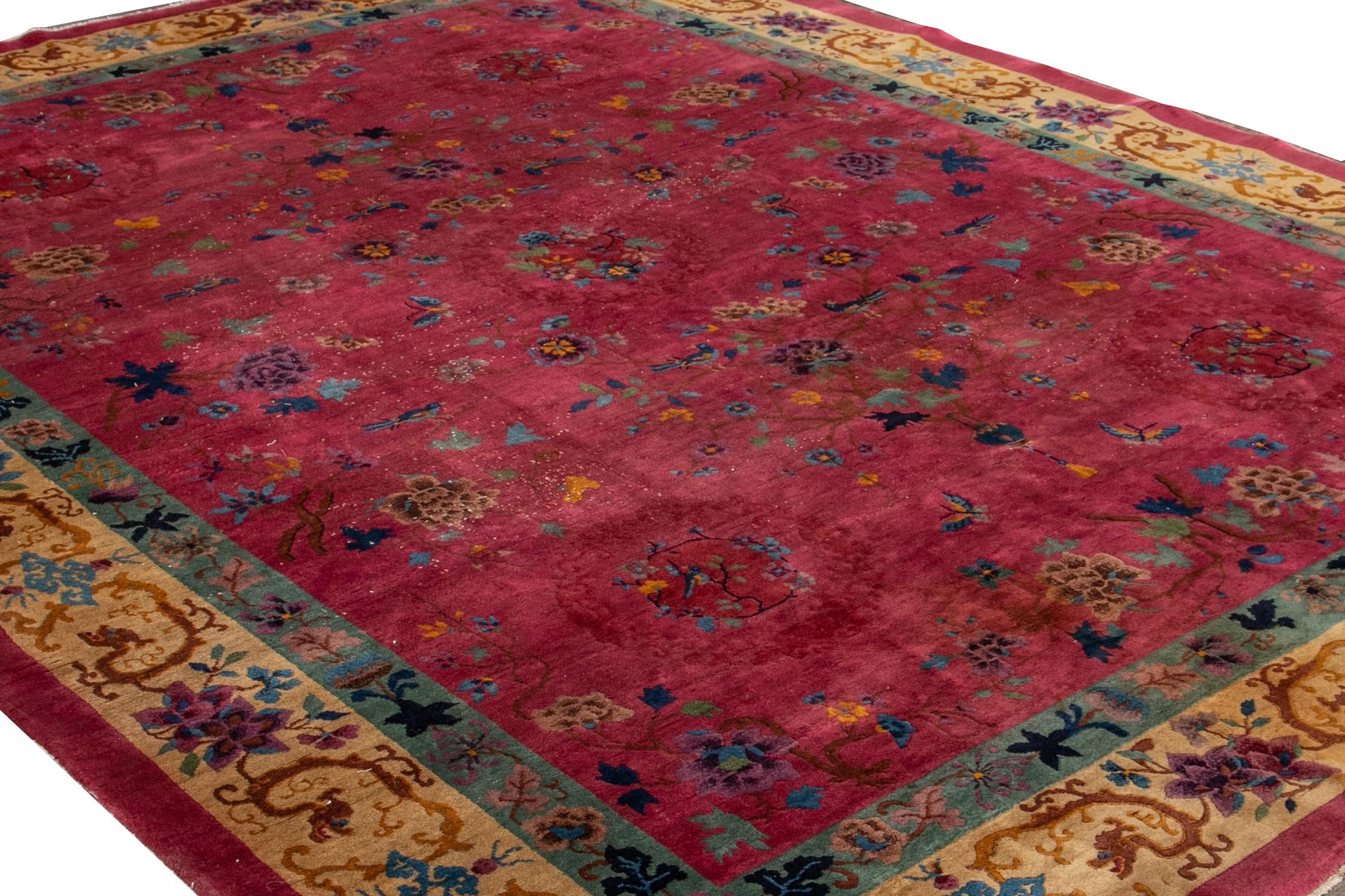 Red Antique Art Deco Room Size Chinese Wool Rug For Sale 5