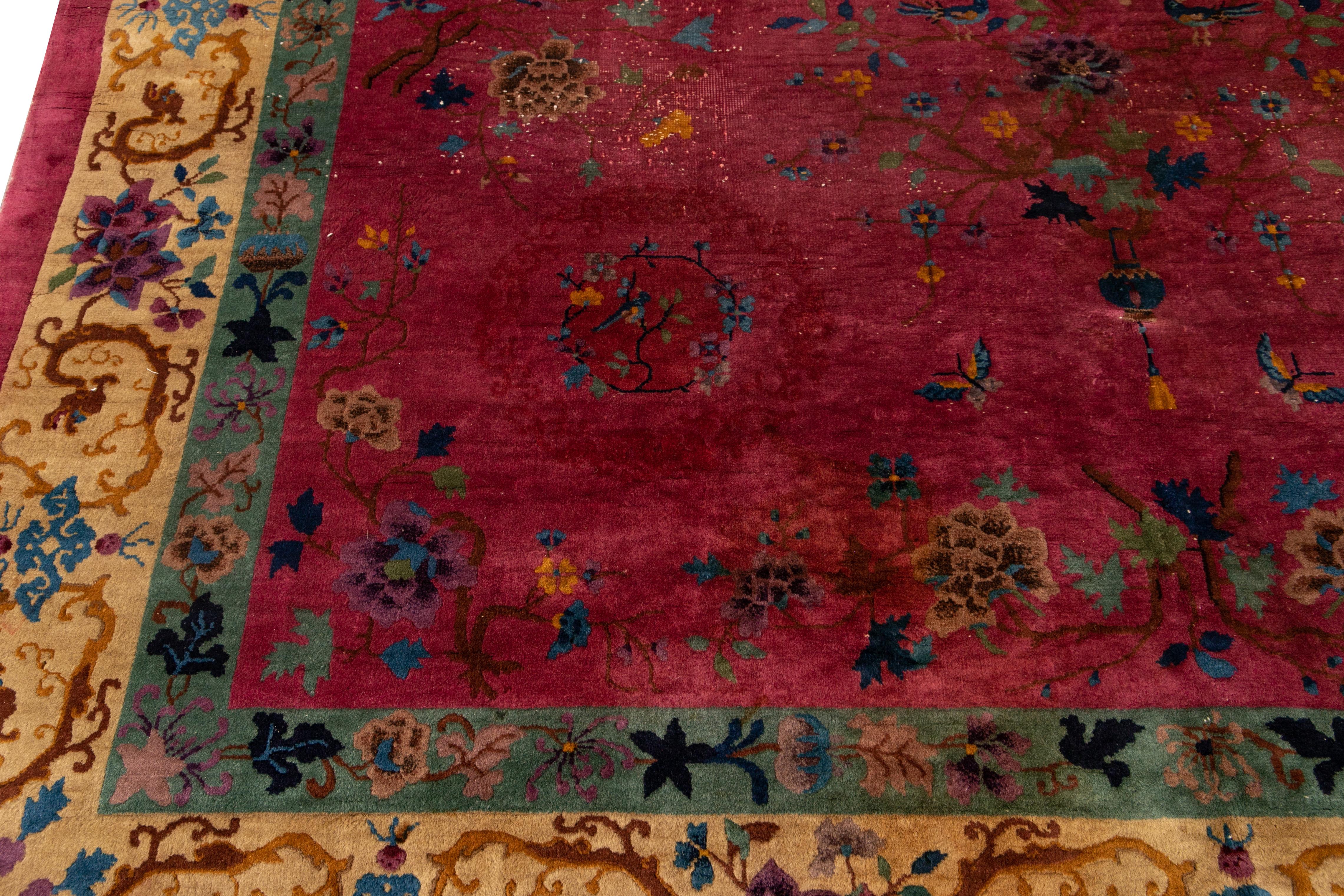 Red Antique Art Deco Room Size Chinese Wool Rug For Sale 6