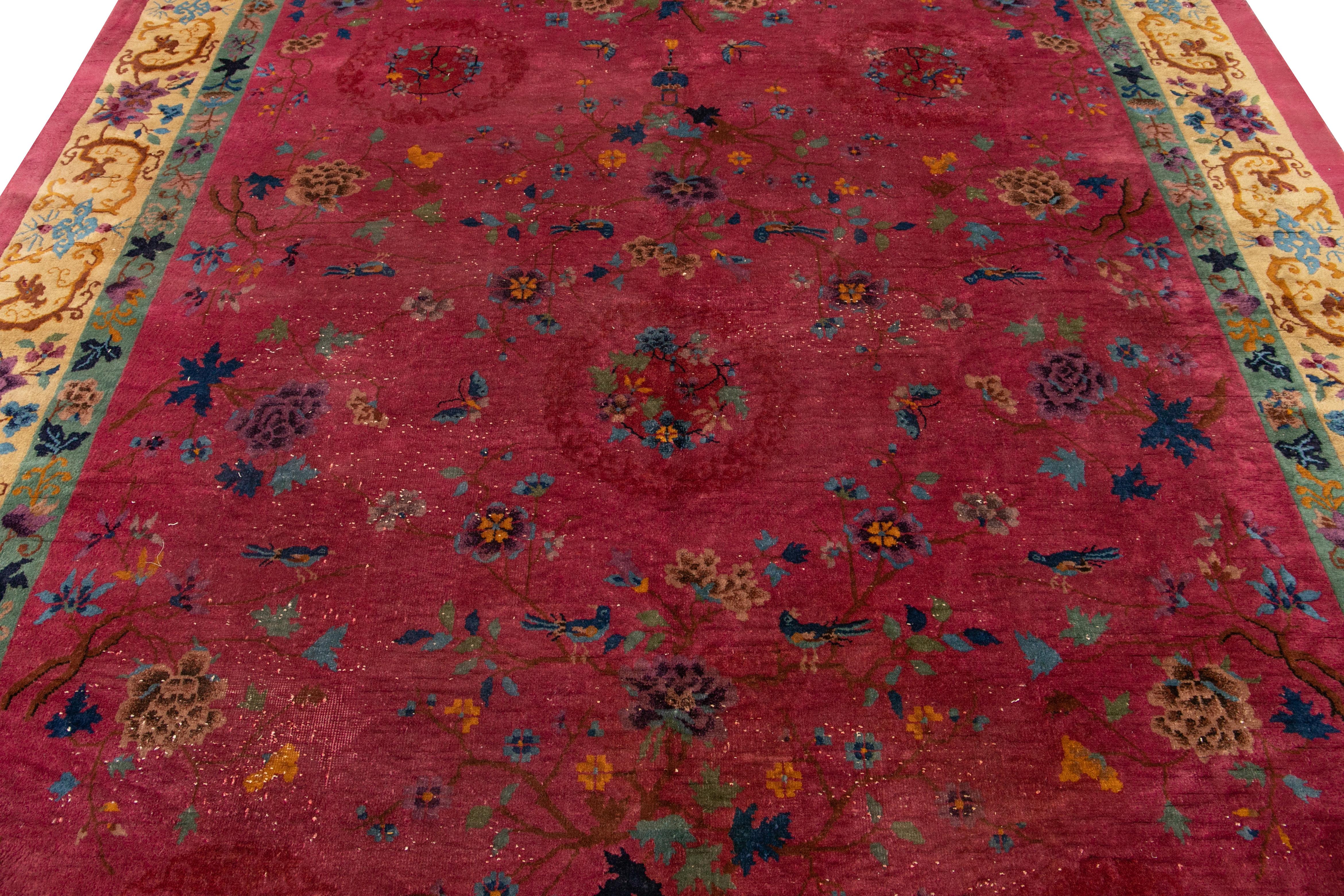 Red Antique Art Deco Room Size Chinese Wool Rug For Sale 7