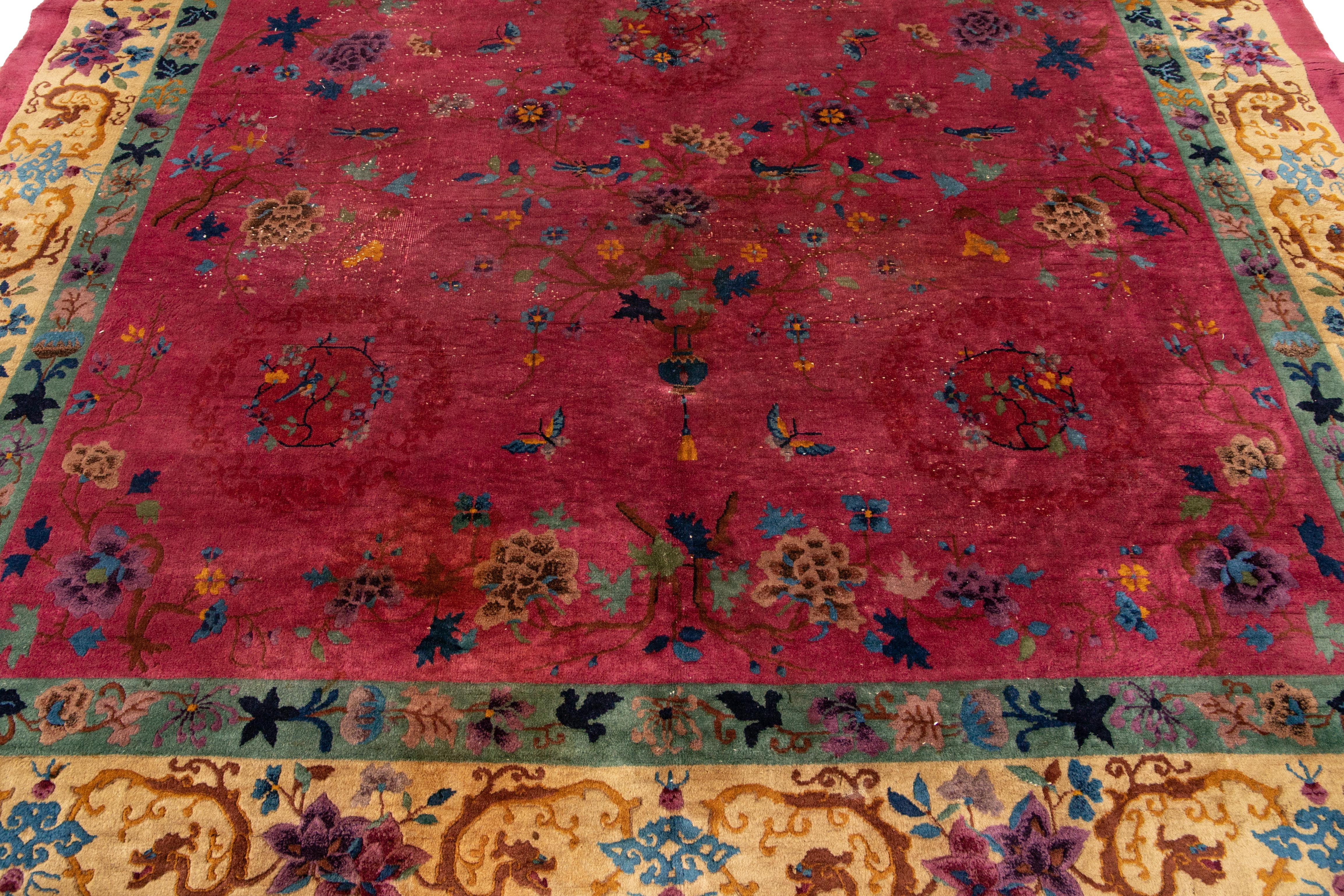 Red Antique Art Deco Room Size Chinese Wool Rug For Sale 8