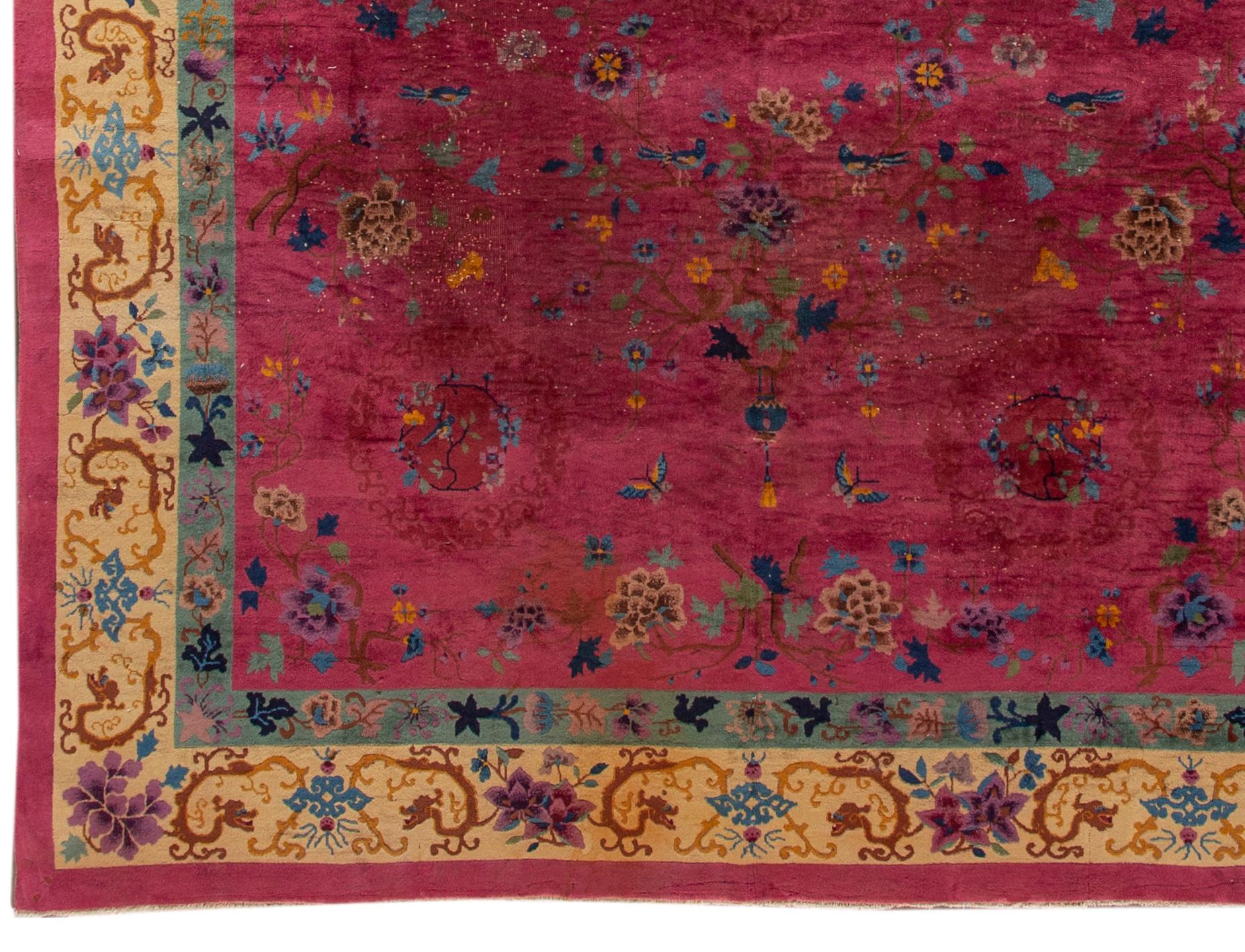 Hand-Knotted Red Antique Art Deco Room Size Chinese Wool Rug For Sale
