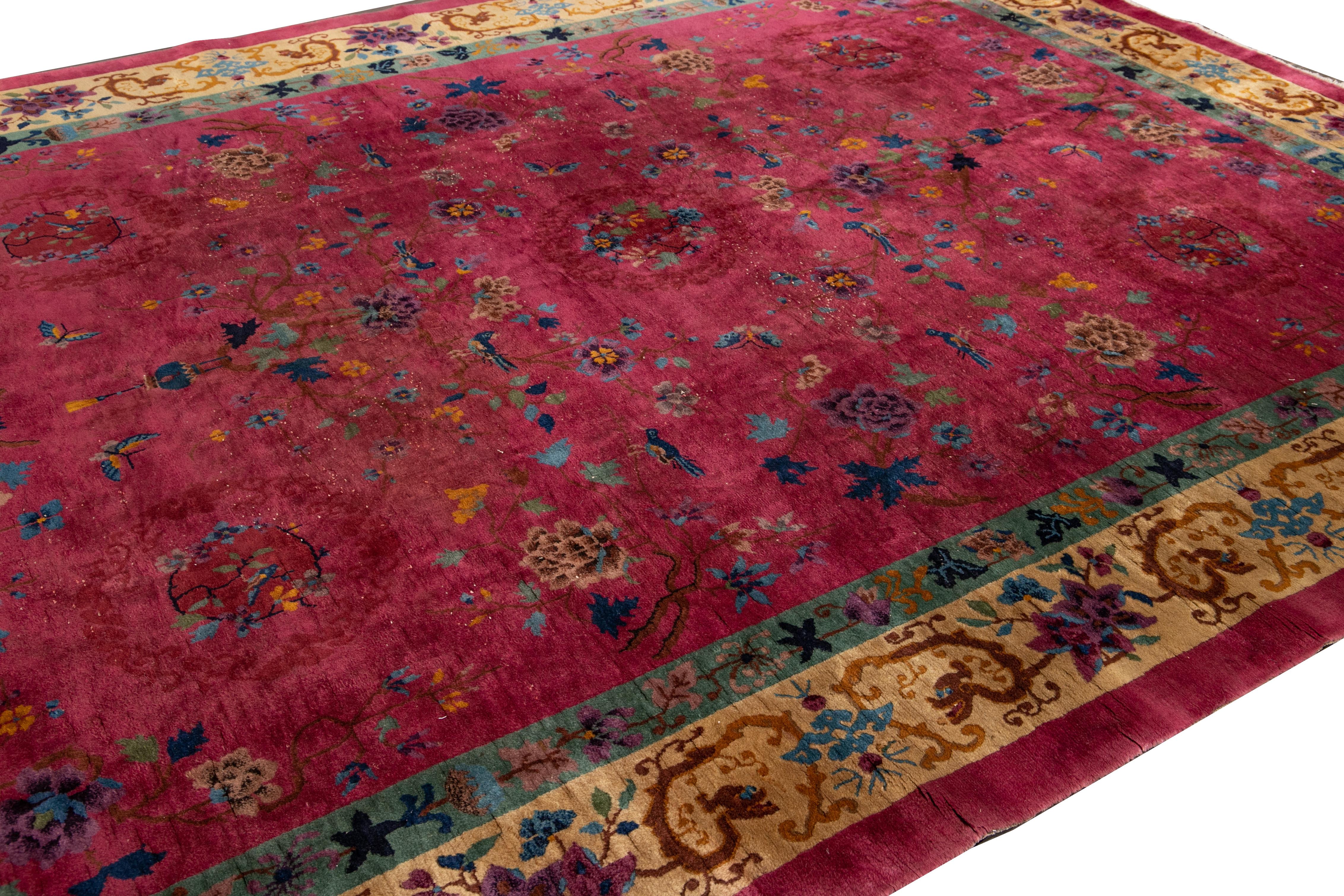 Red Antique Art Deco Room Size Chinese Wool Rug For Sale 3