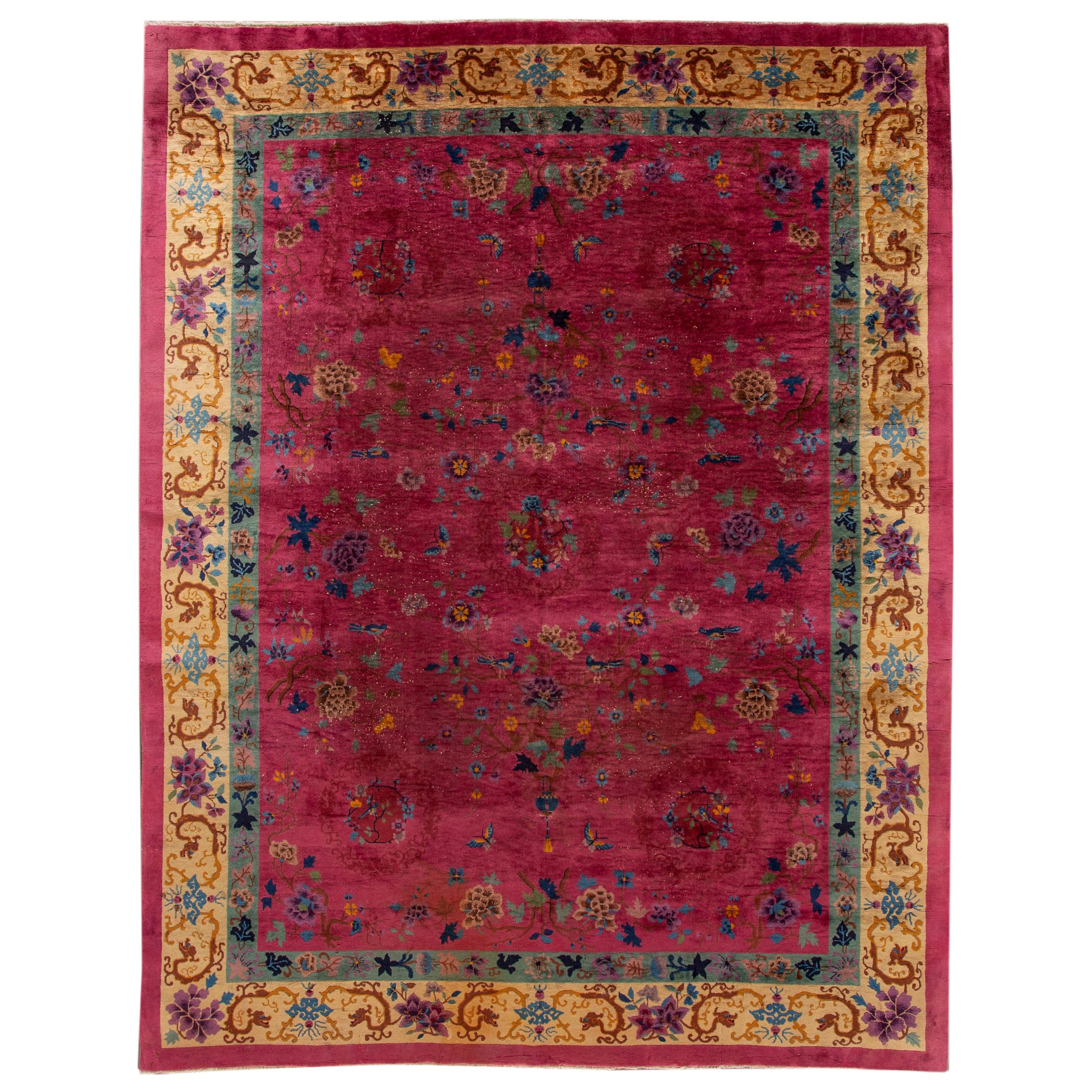 Alfombra de lana china roja antigua Art Decó de tamaño de habitación