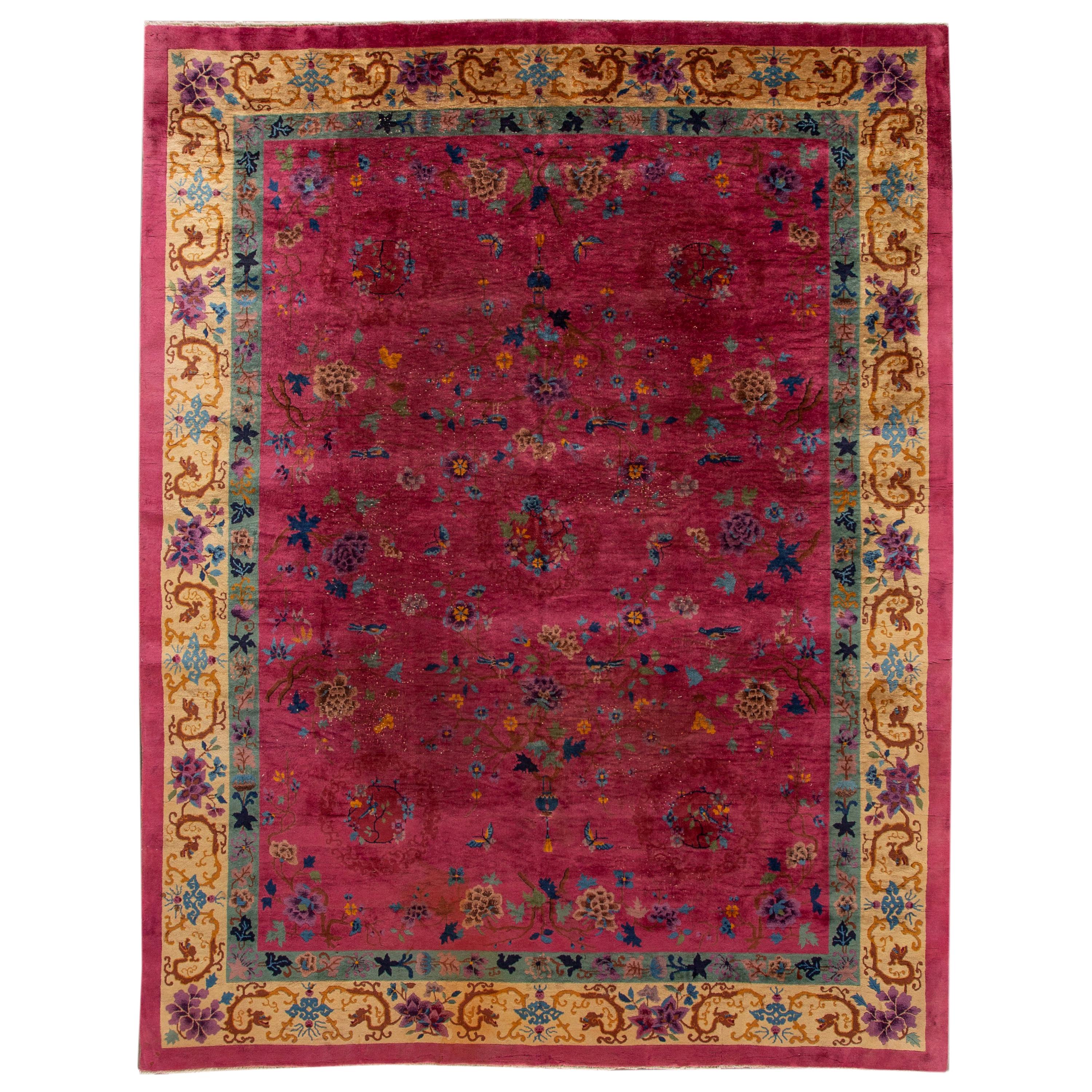 Red Antique Art Deco Room Size Chinese Wool Rug For Sale