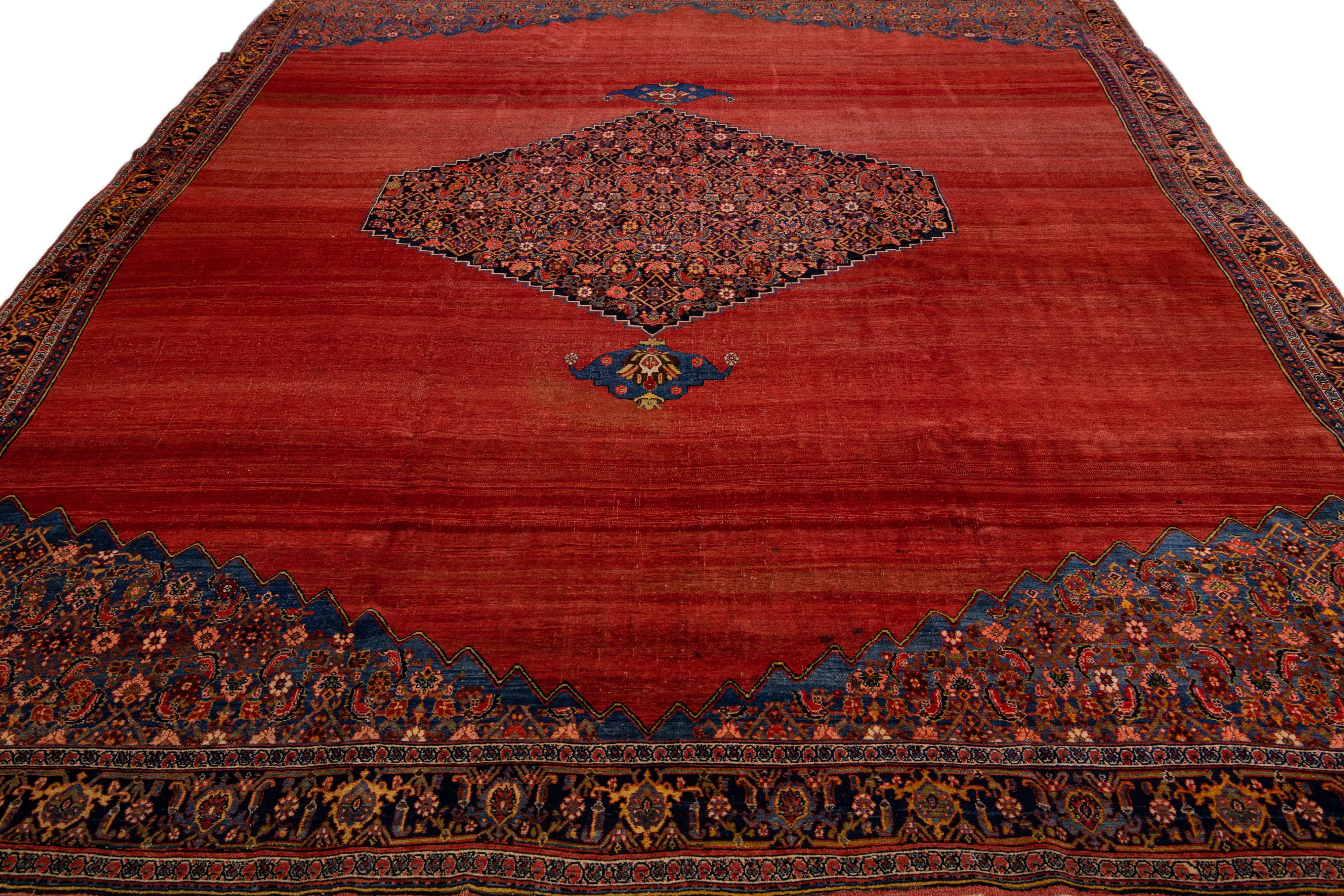 Islamic Red Antique Bidjar Handmade Persian Wool Rug with Medallion Motif For Sale