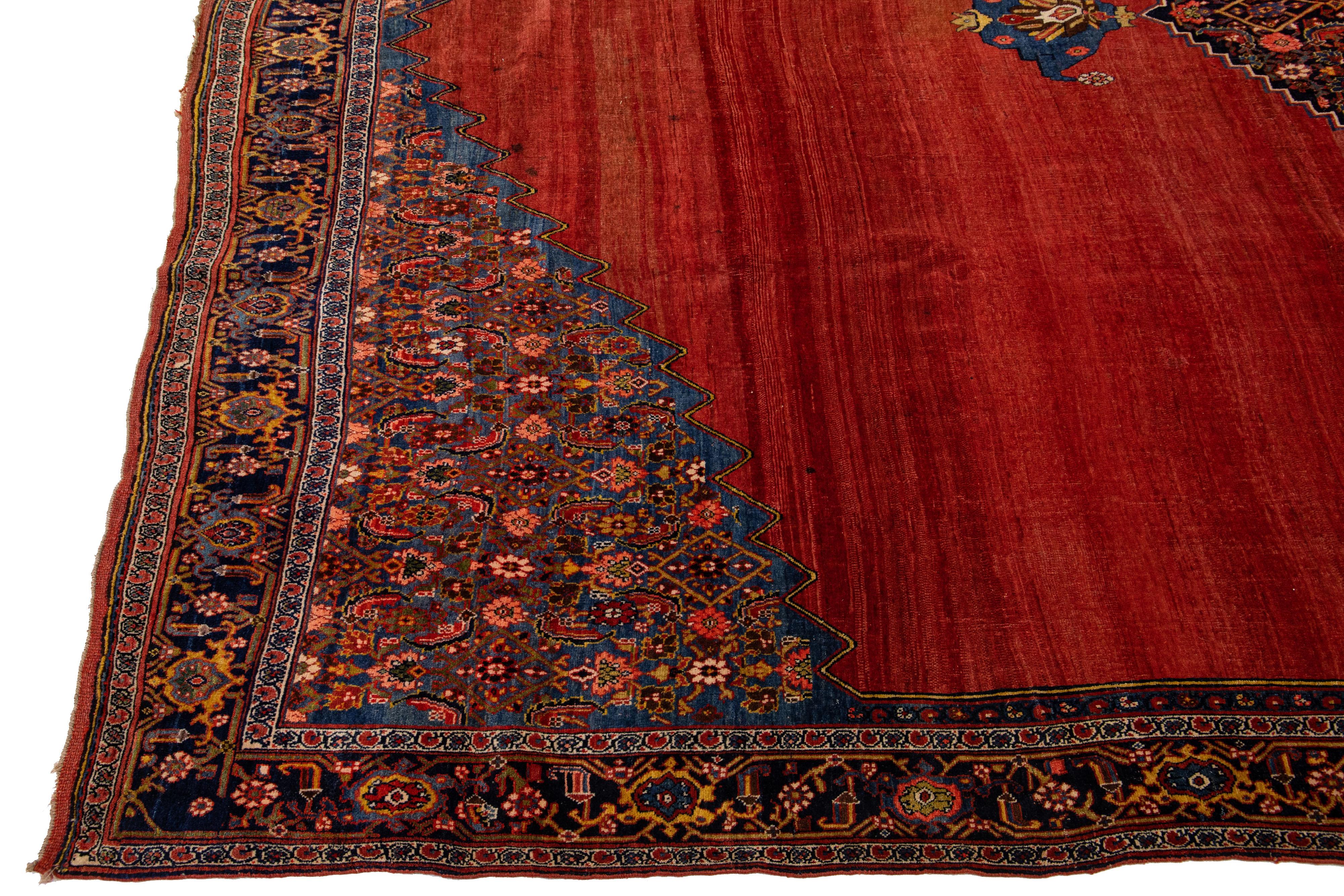 Hand-Knotted Red Antique Bidjar Handmade Persian Wool Rug with Medallion Motif For Sale