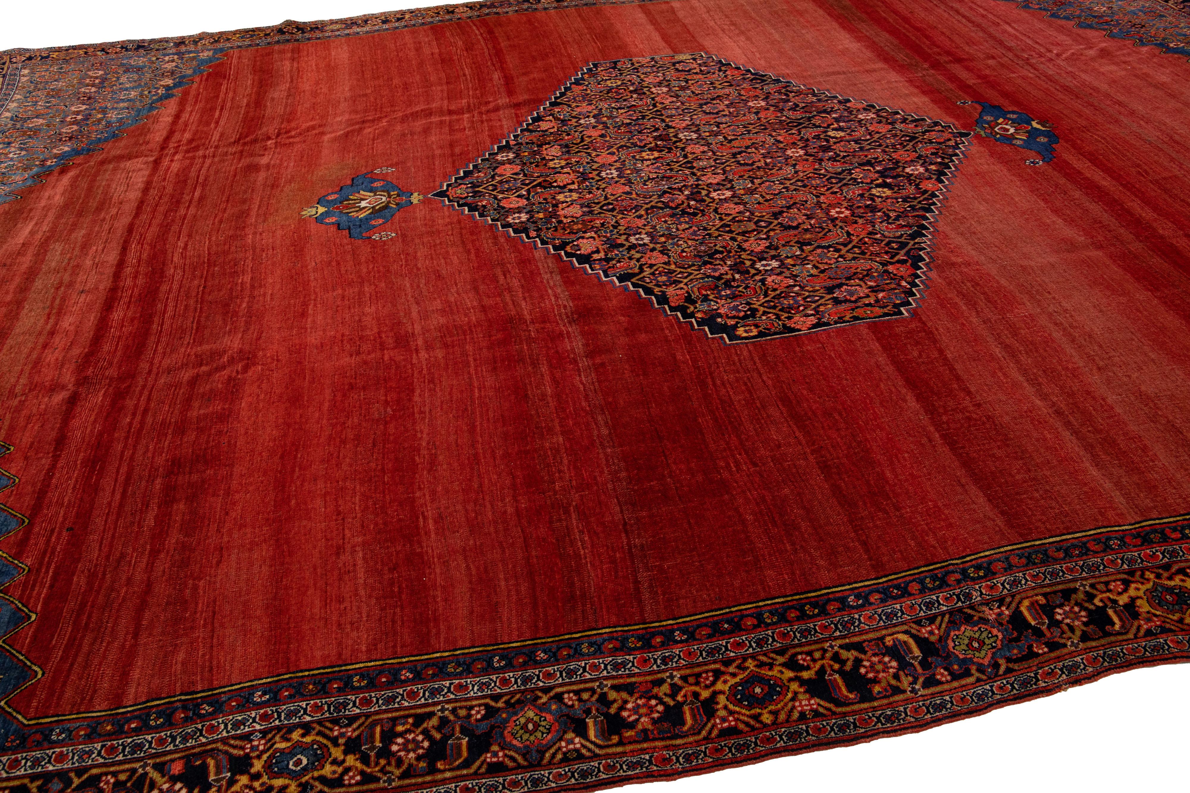 20th Century Red Antique Bidjar Handmade Persian Wool Rug with Medallion Motif For Sale
