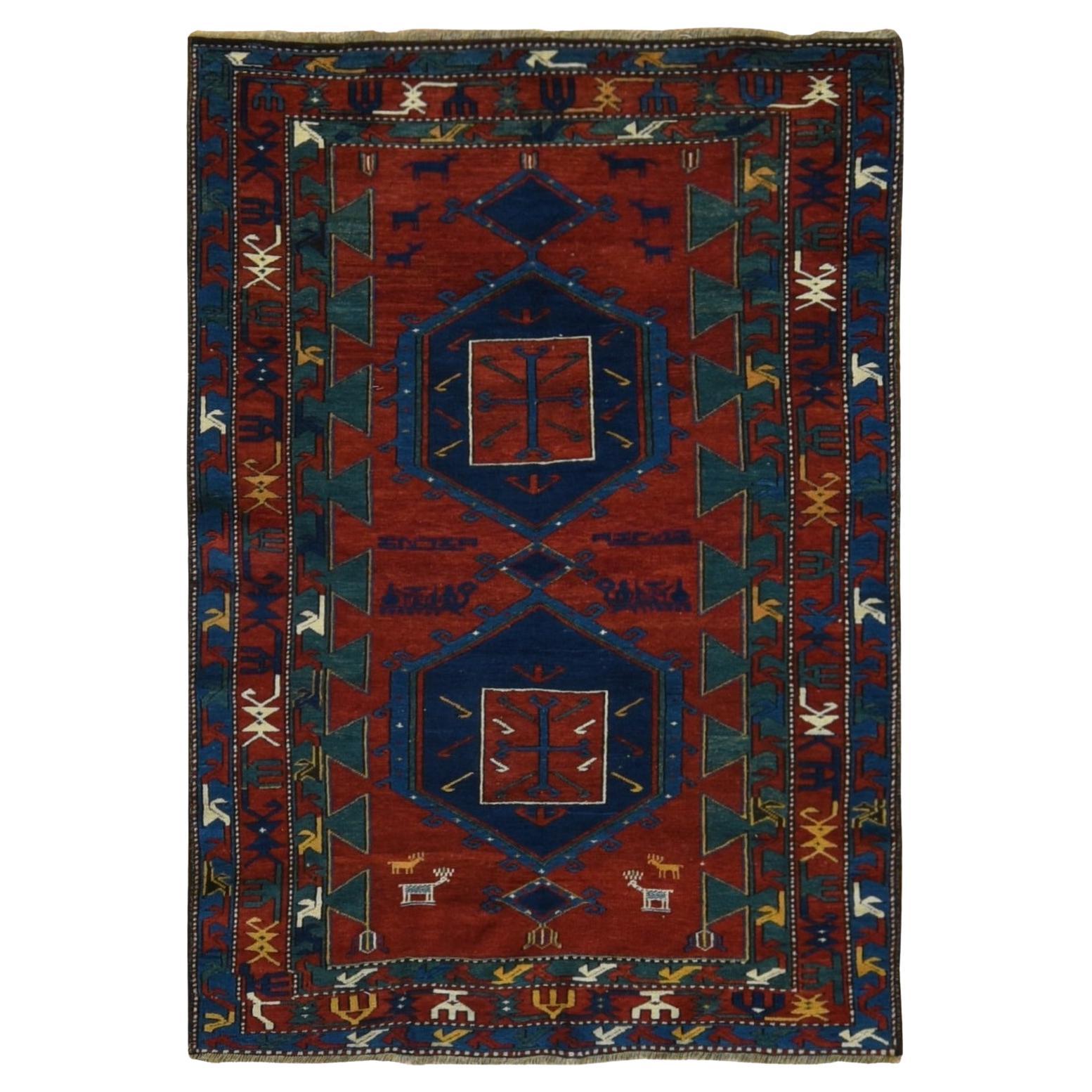 Red Antique Caucasian Armenian Pure Wool Hand Knotted Clean Signed and Dated Rug