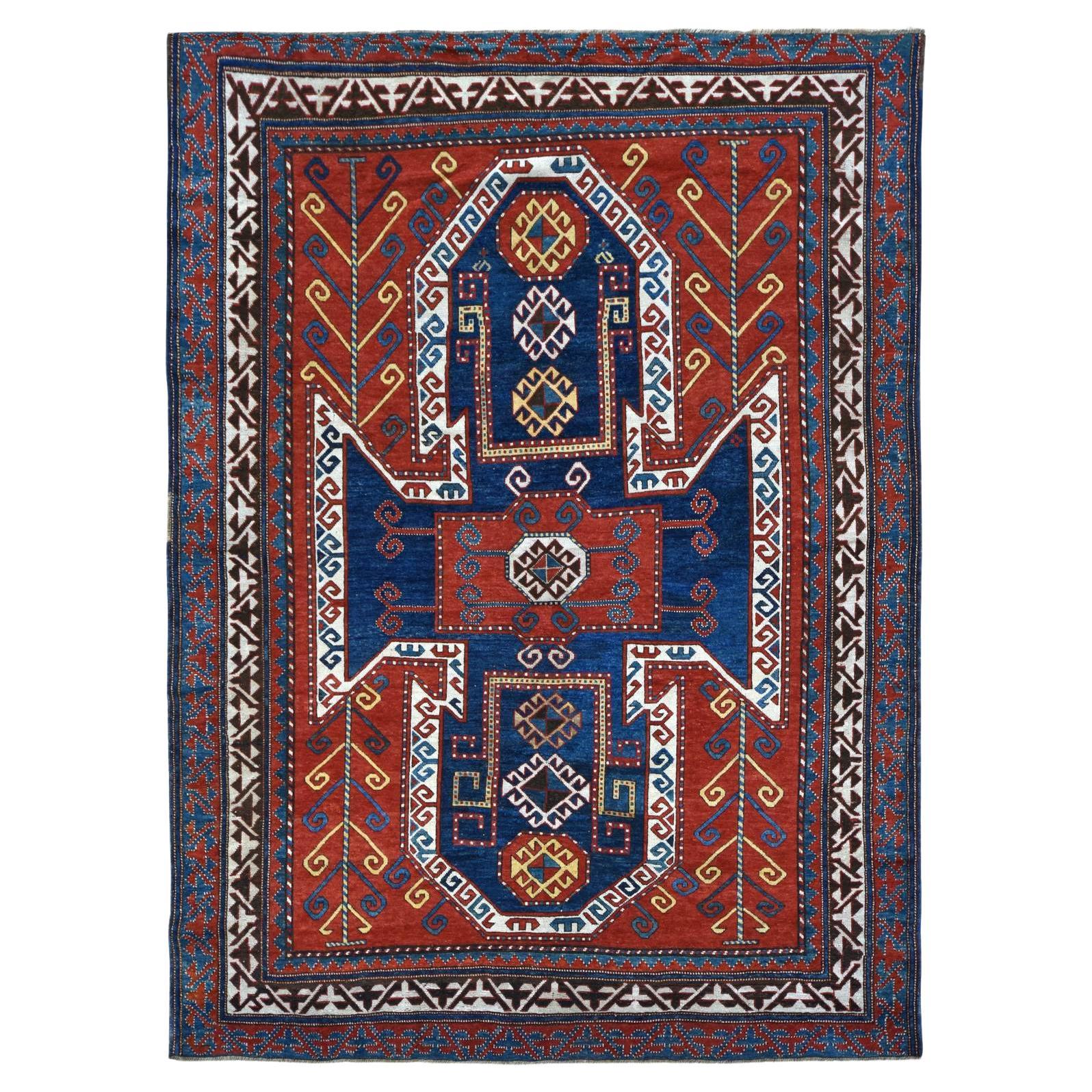 Red Antique Caucasian Swan Kazak No Repairs Wool Hand knotted Rug 6'10"x9'3" For Sale