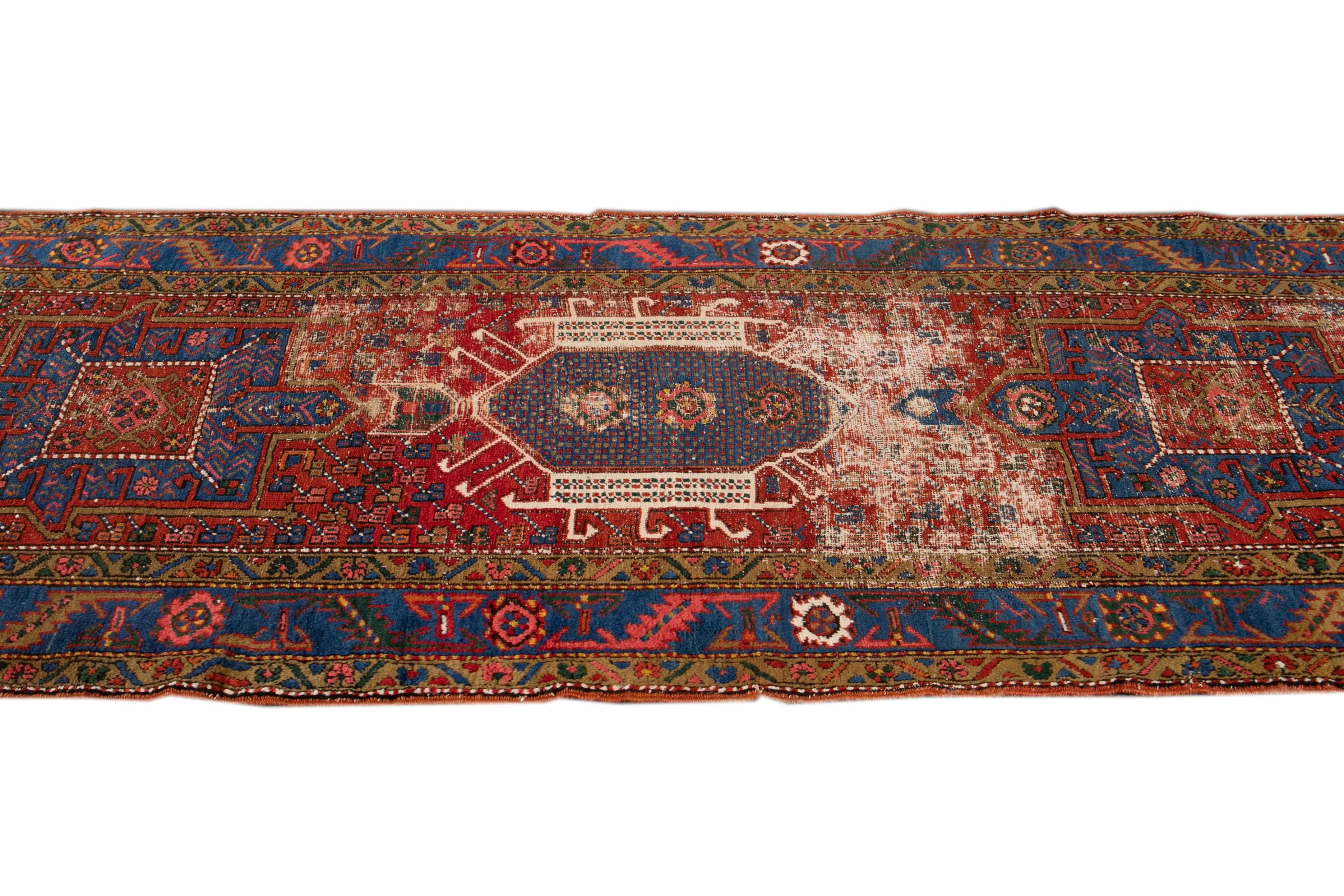 Red Antique Distressed Heriz Handmade Wool Runner For Sale 6