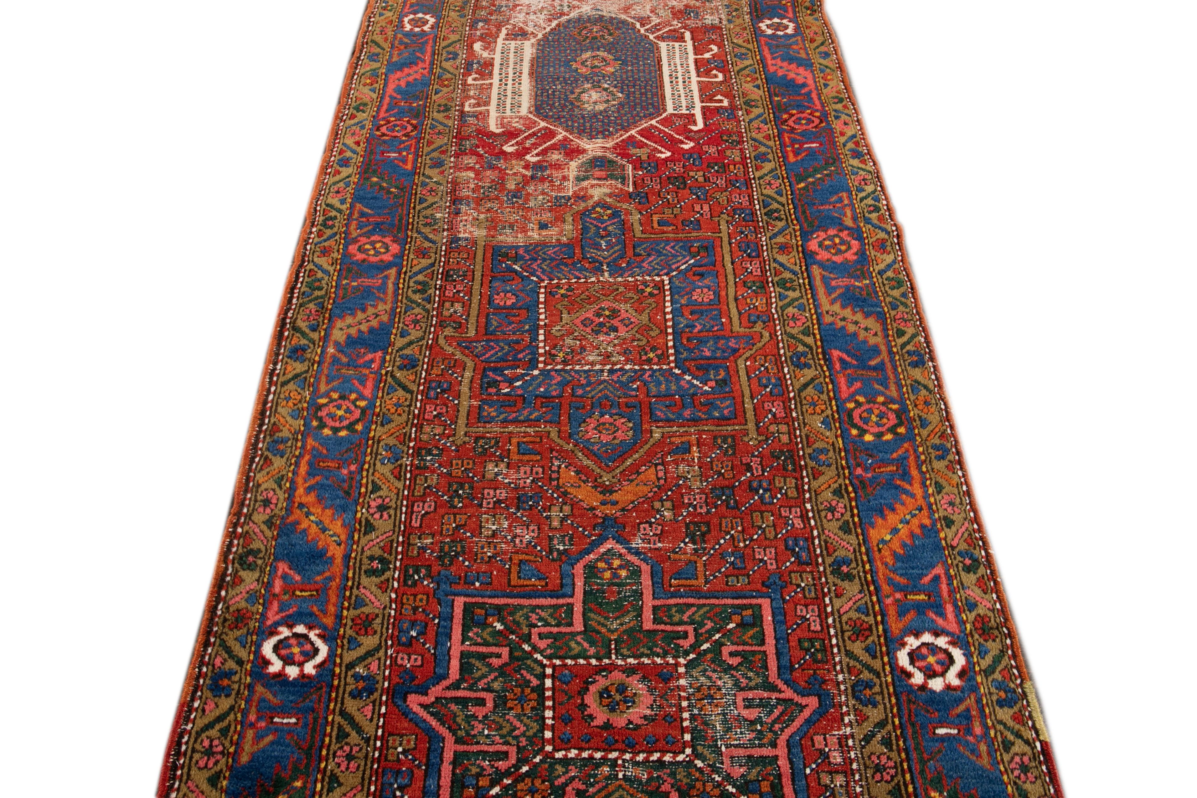 Heriz Serapi Red Antique Distressed Heriz Handmade Wool Runner For Sale