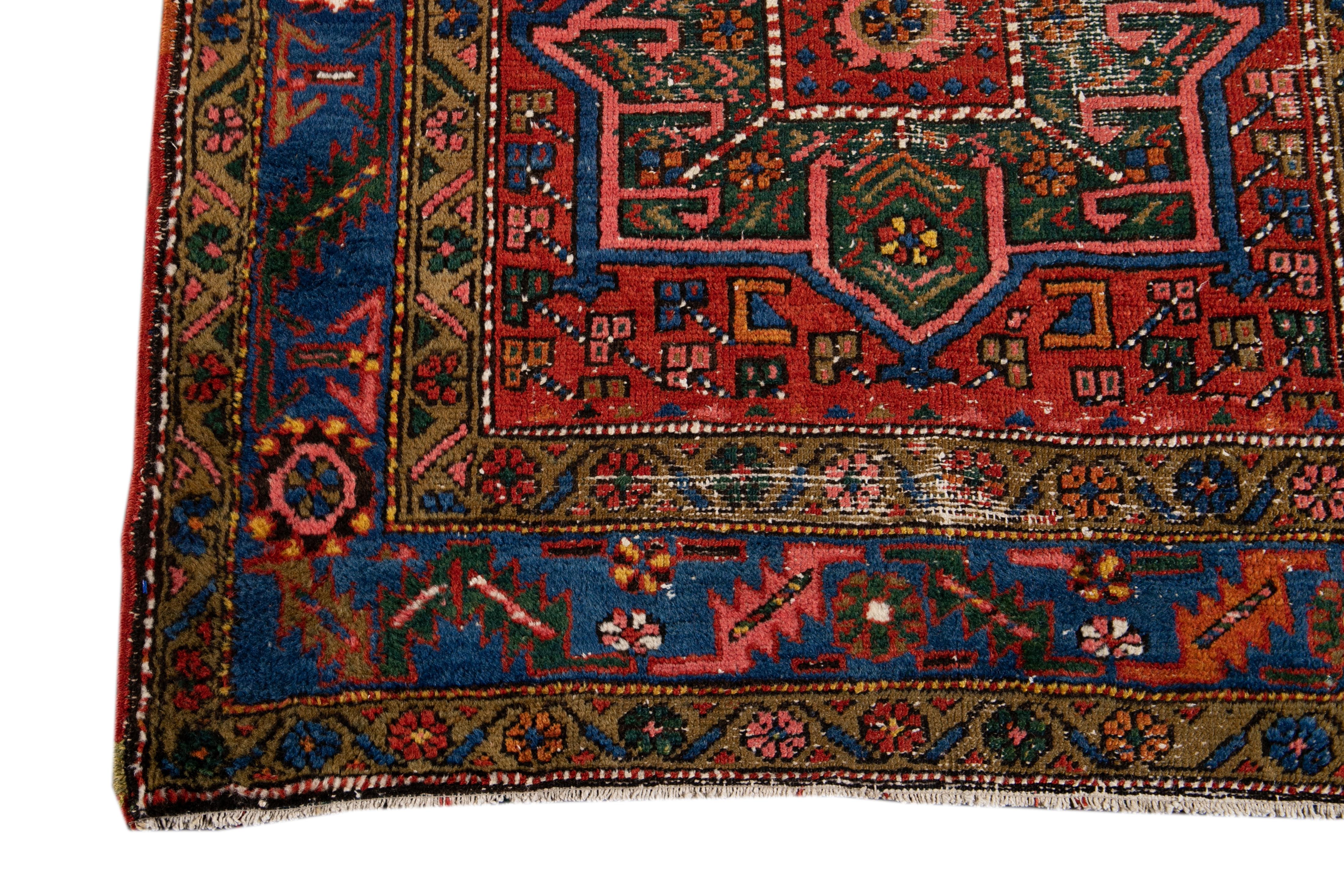 Persian Red Antique Distressed Heriz Handmade Wool Runner For Sale