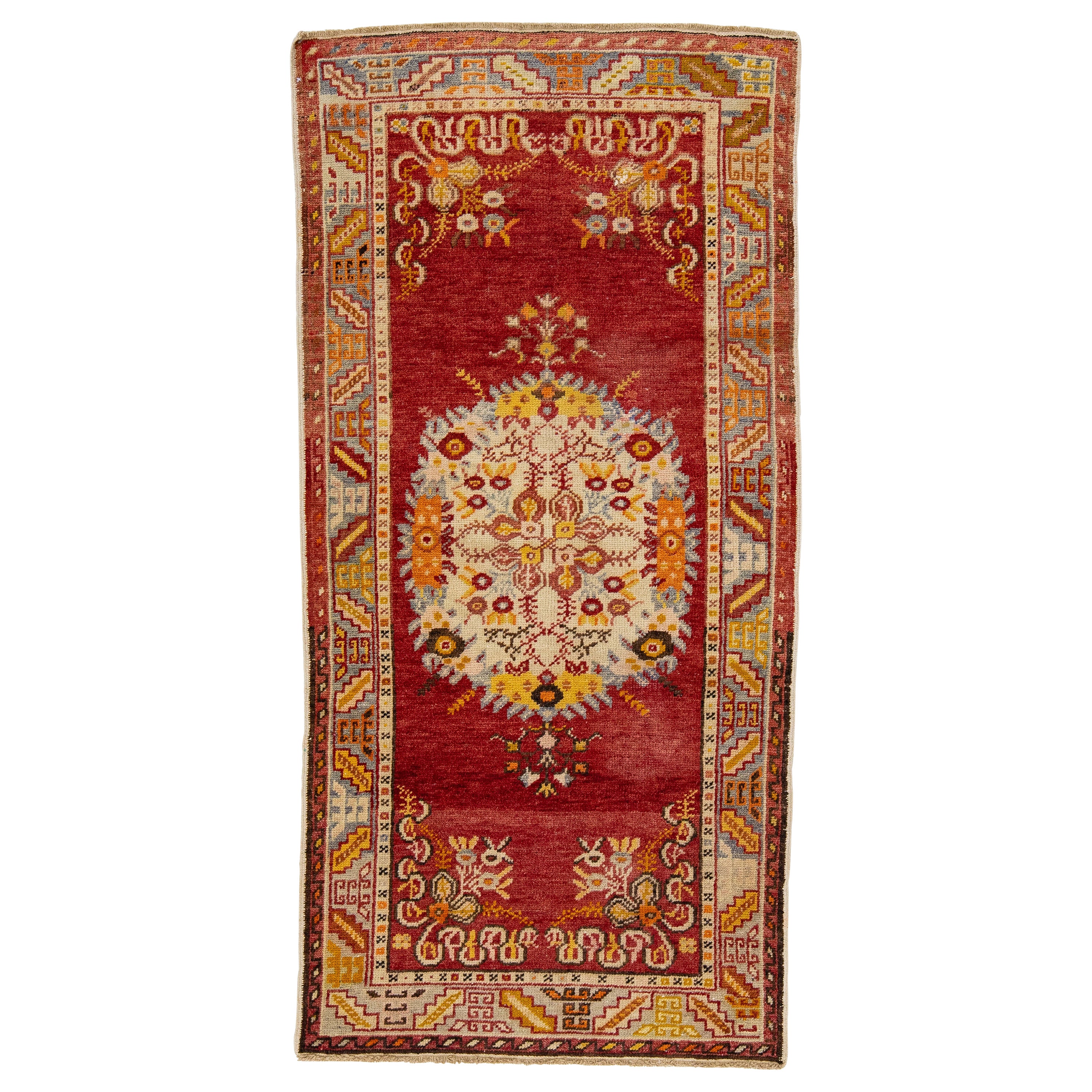 Roter antiker handgefertigter Khotan-Wollteppich mit Medaillon-Motiv