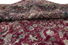 Red Antique Handmade Mashad Persian Wool Rug with Rosette Motif