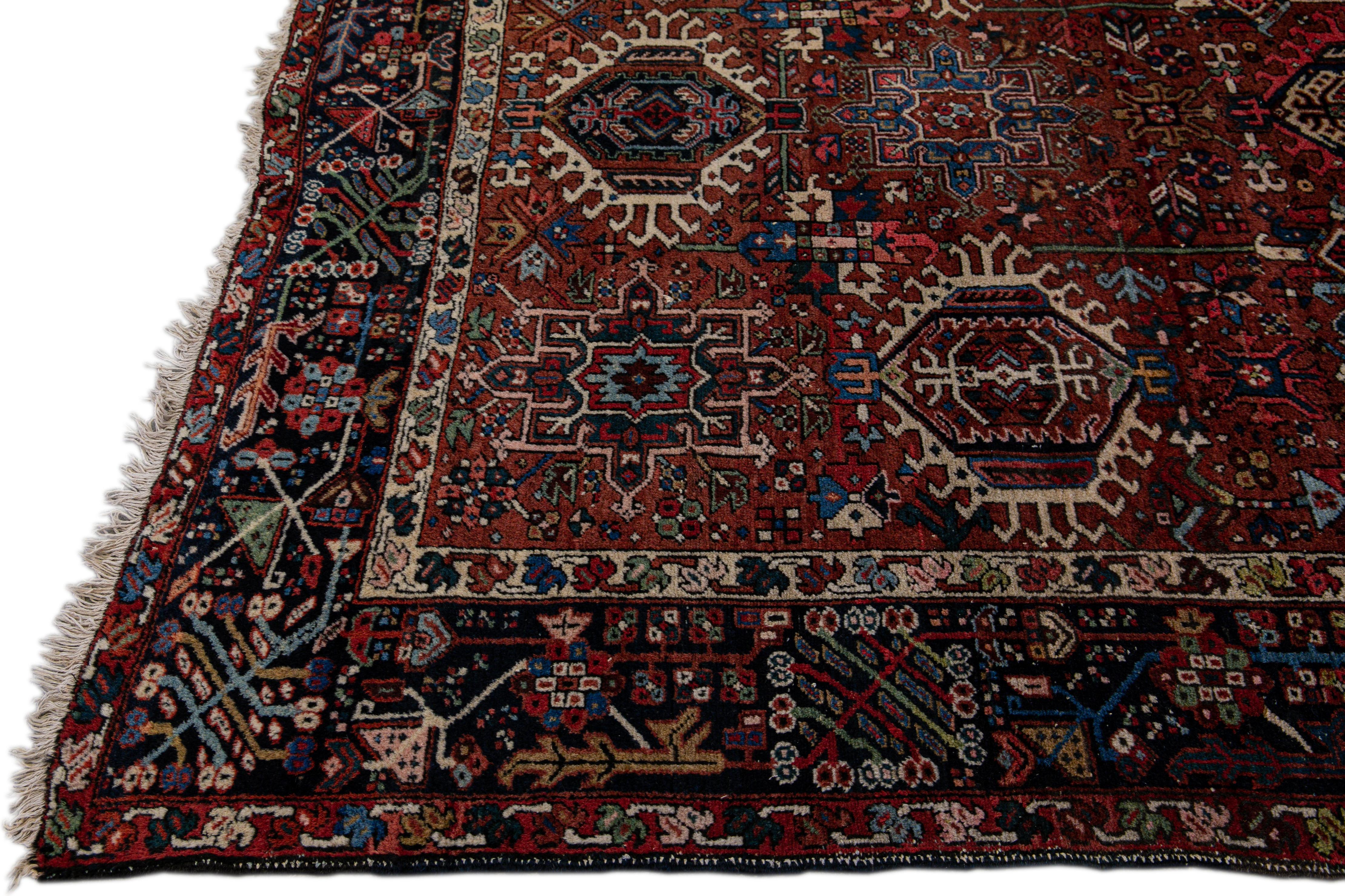 Persian Red Antique Heriz Handmade Medallion Wool Rug For Sale