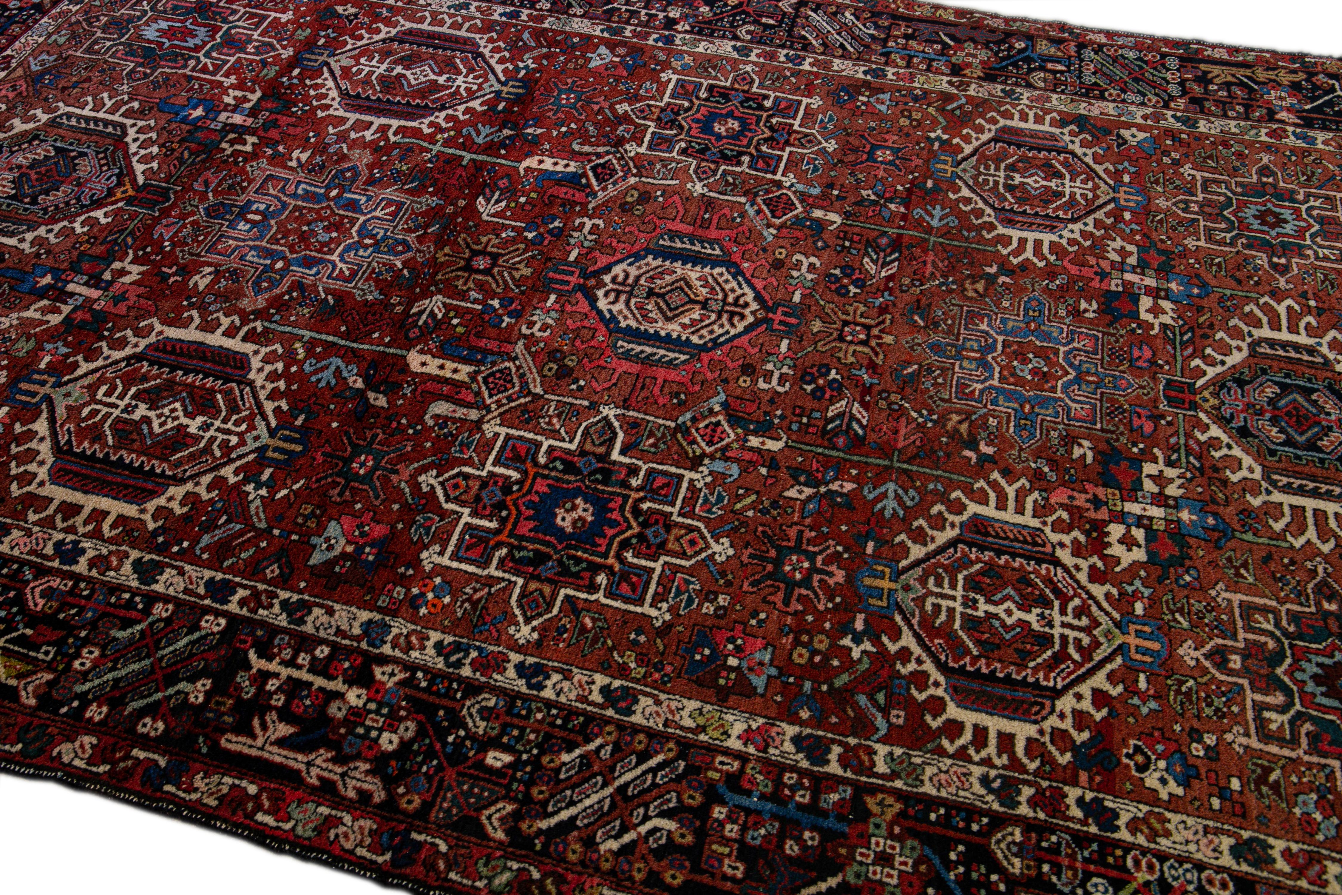 Red Antique Heriz Handmade Medallion Wool Rug For Sale 1