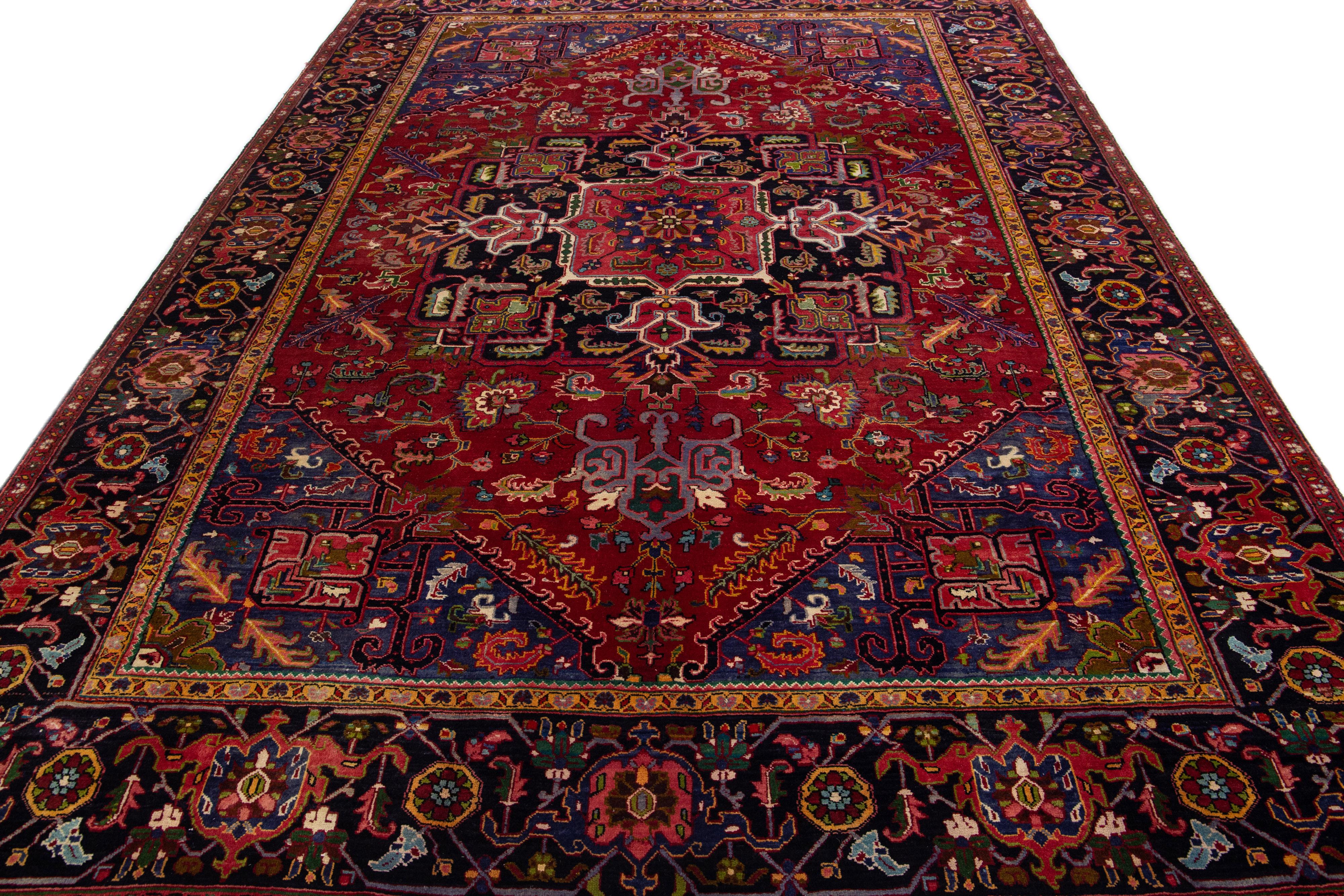 Heriz Serapi Red Antique Heriz Handmade Persian Wool Rug with Allover Multicolor Motif For Sale