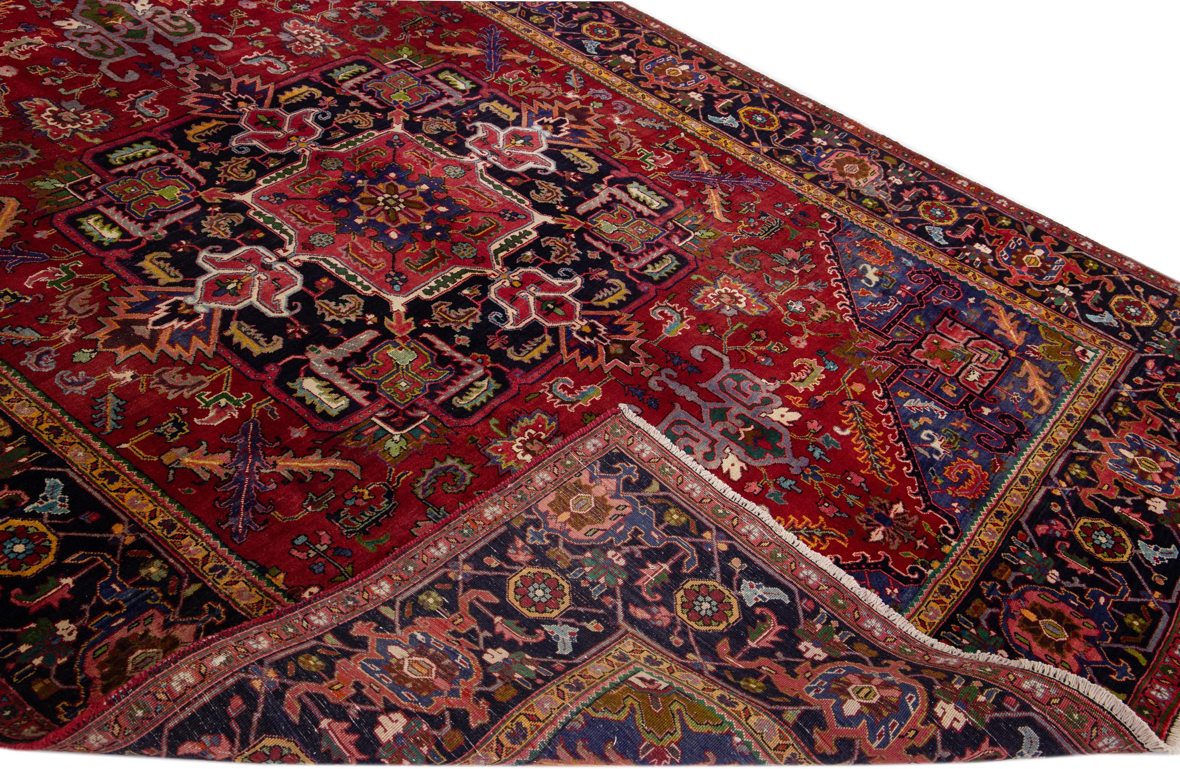 Red Antique Heriz Handmade Persian Wool Rug with Allover Multicolor Motif For Sale 3