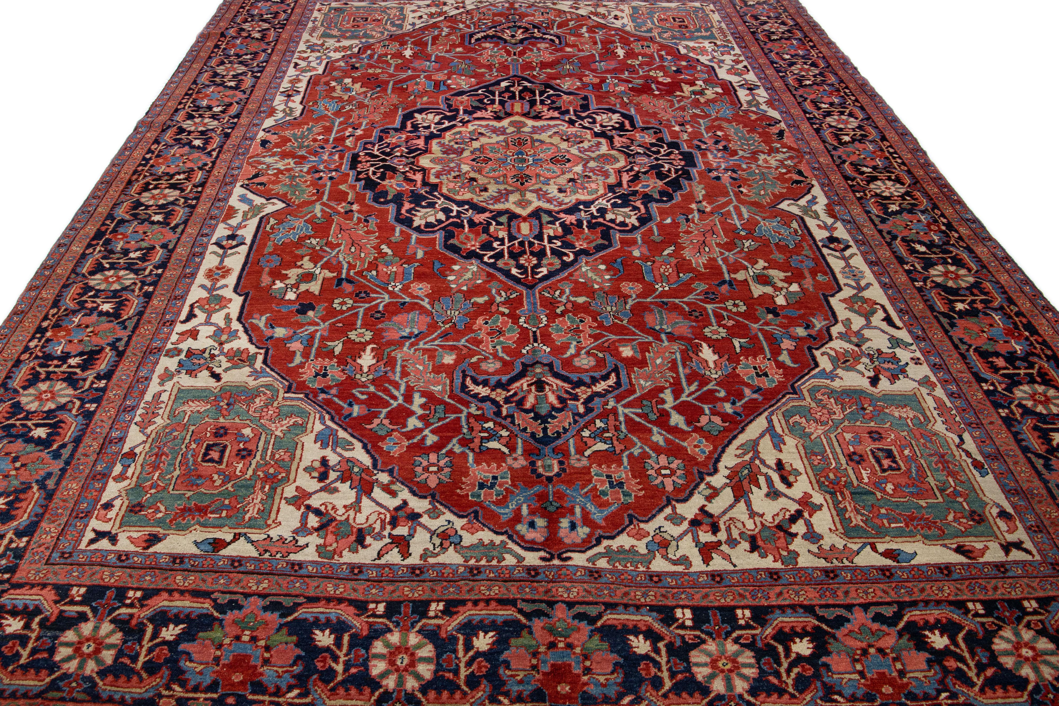 Heriz Serapi Red Antique Heriz Handmade Room Size Persian Wool Rug with Medallion Motif For Sale