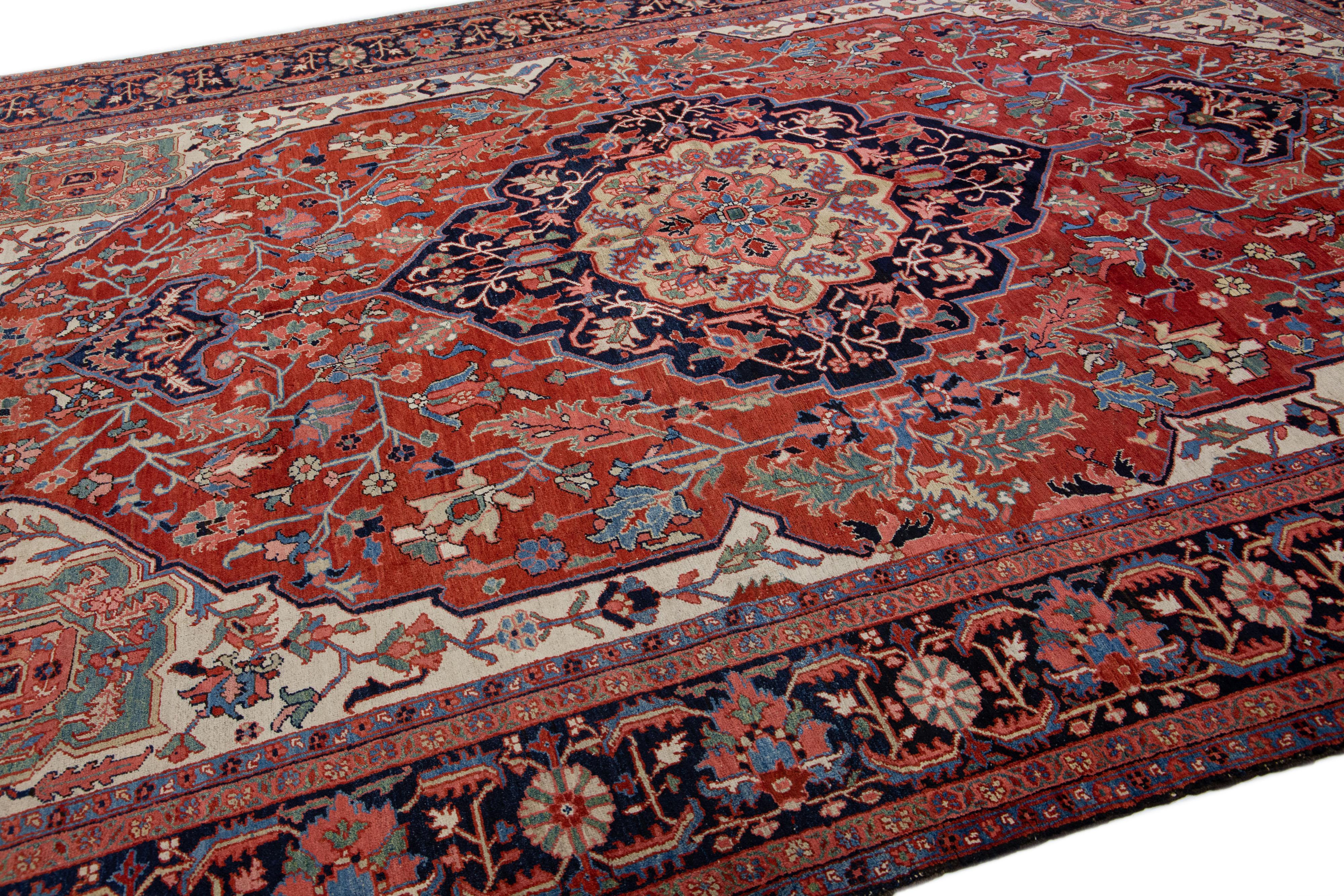 Red Antique Heriz Handmade Room Size Persian Wool Rug with Medallion Motif For Sale 1