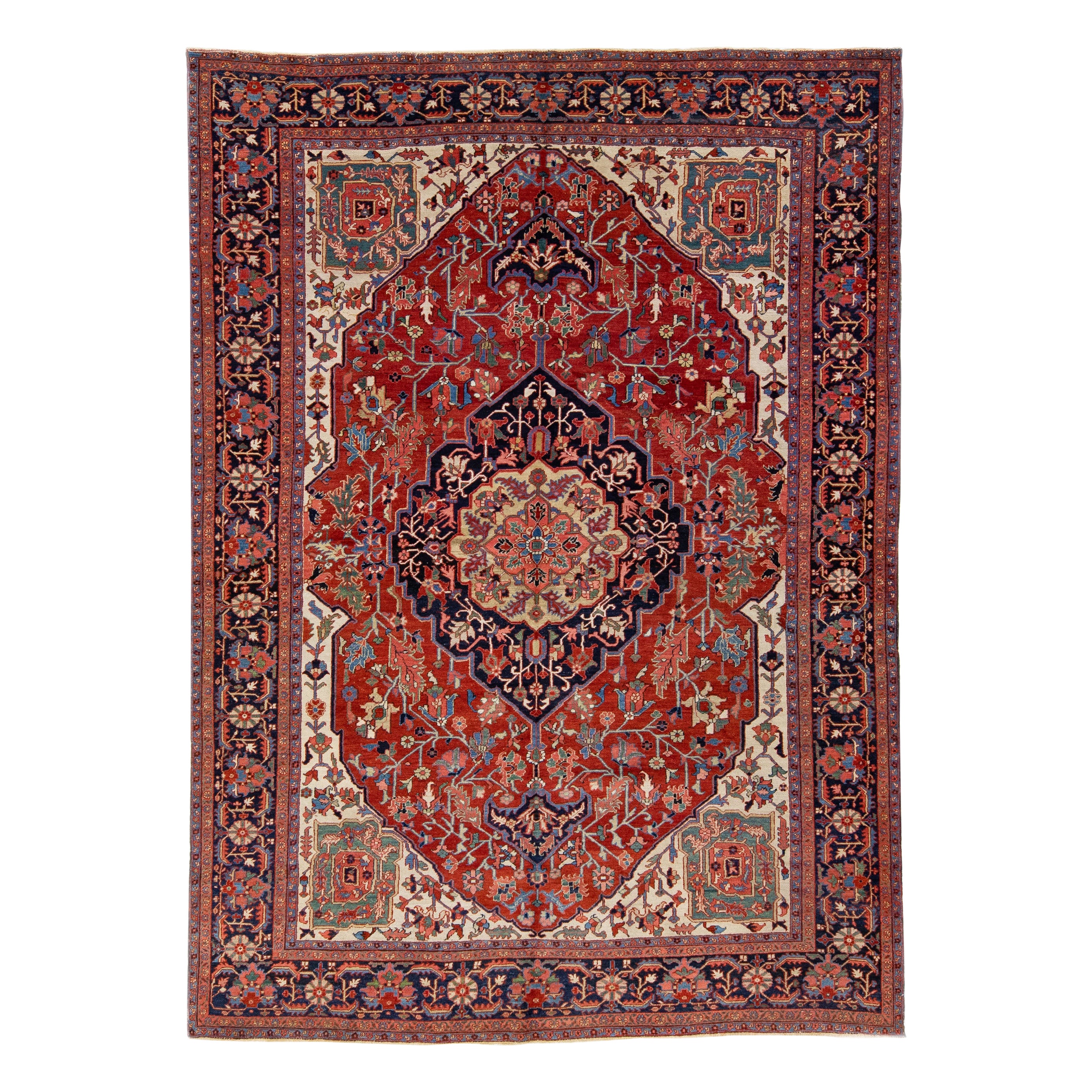 Tapis en laine persane rouge antique Heriz fait à la main de taille normale avec motif de médaillon