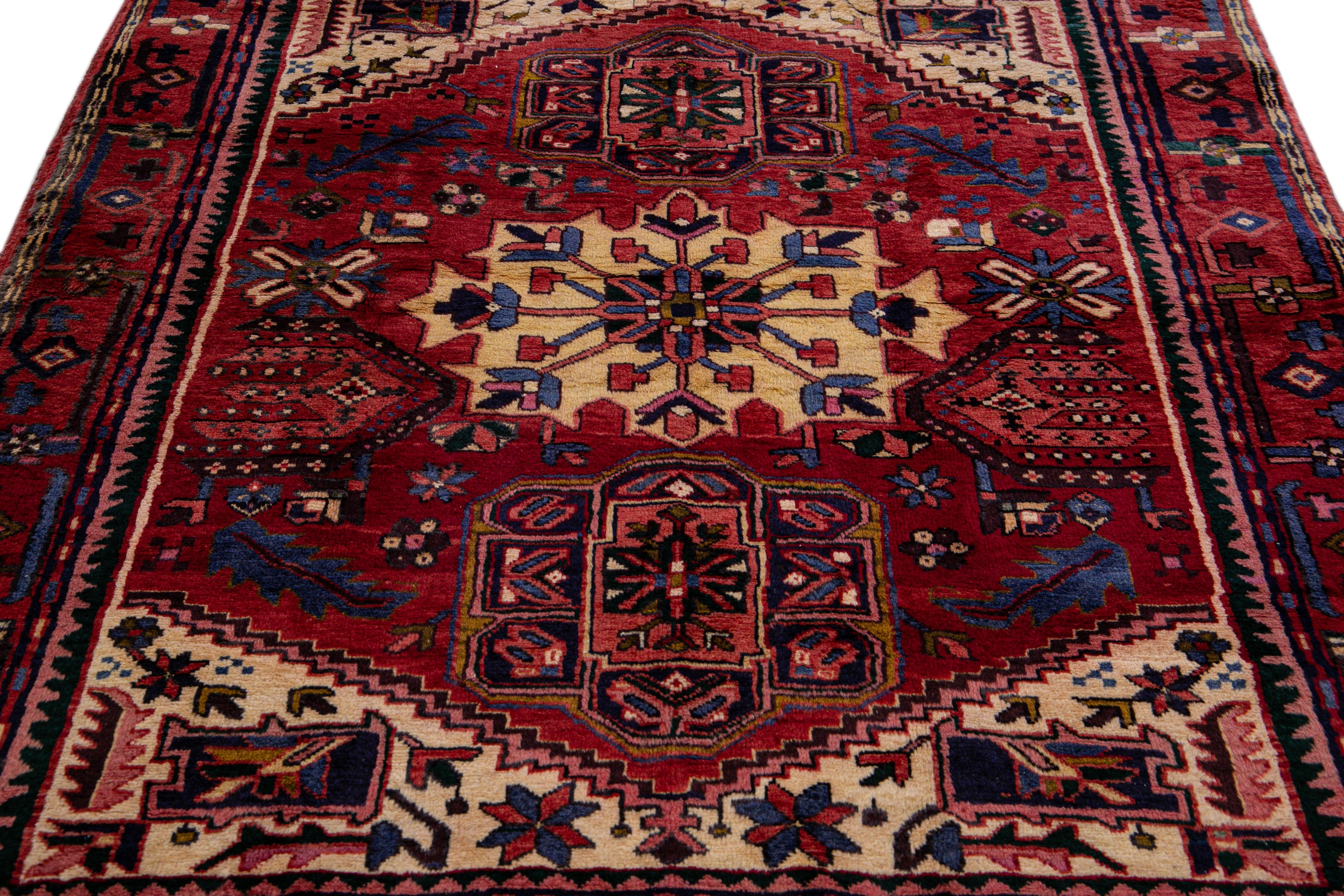 Heriz Serapi Red Antique Heriz Persian Handmade Medallion Square Wool Rug For Sale