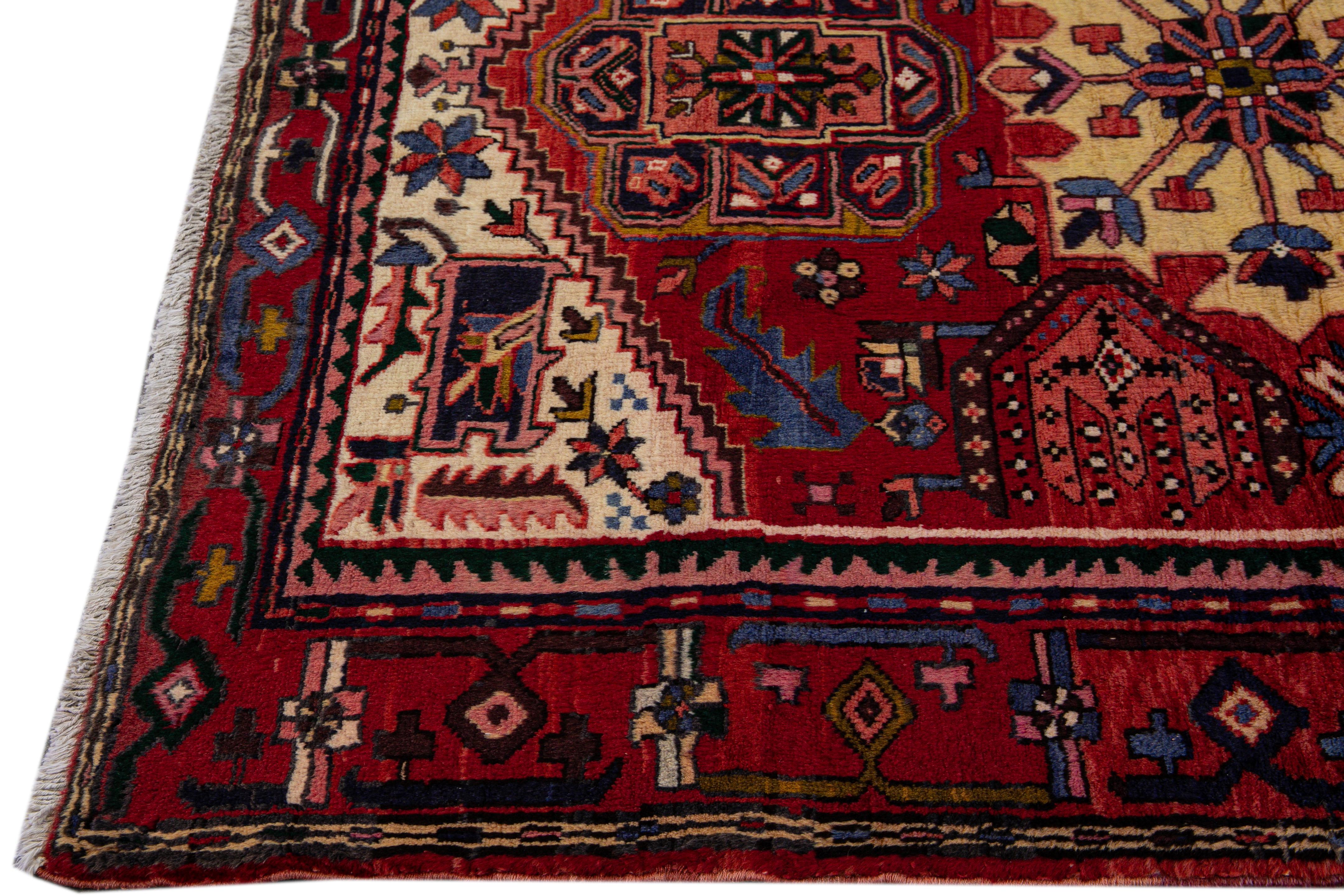 Hand-Knotted Red Antique Heriz Persian Handmade Medallion Square Wool Rug For Sale