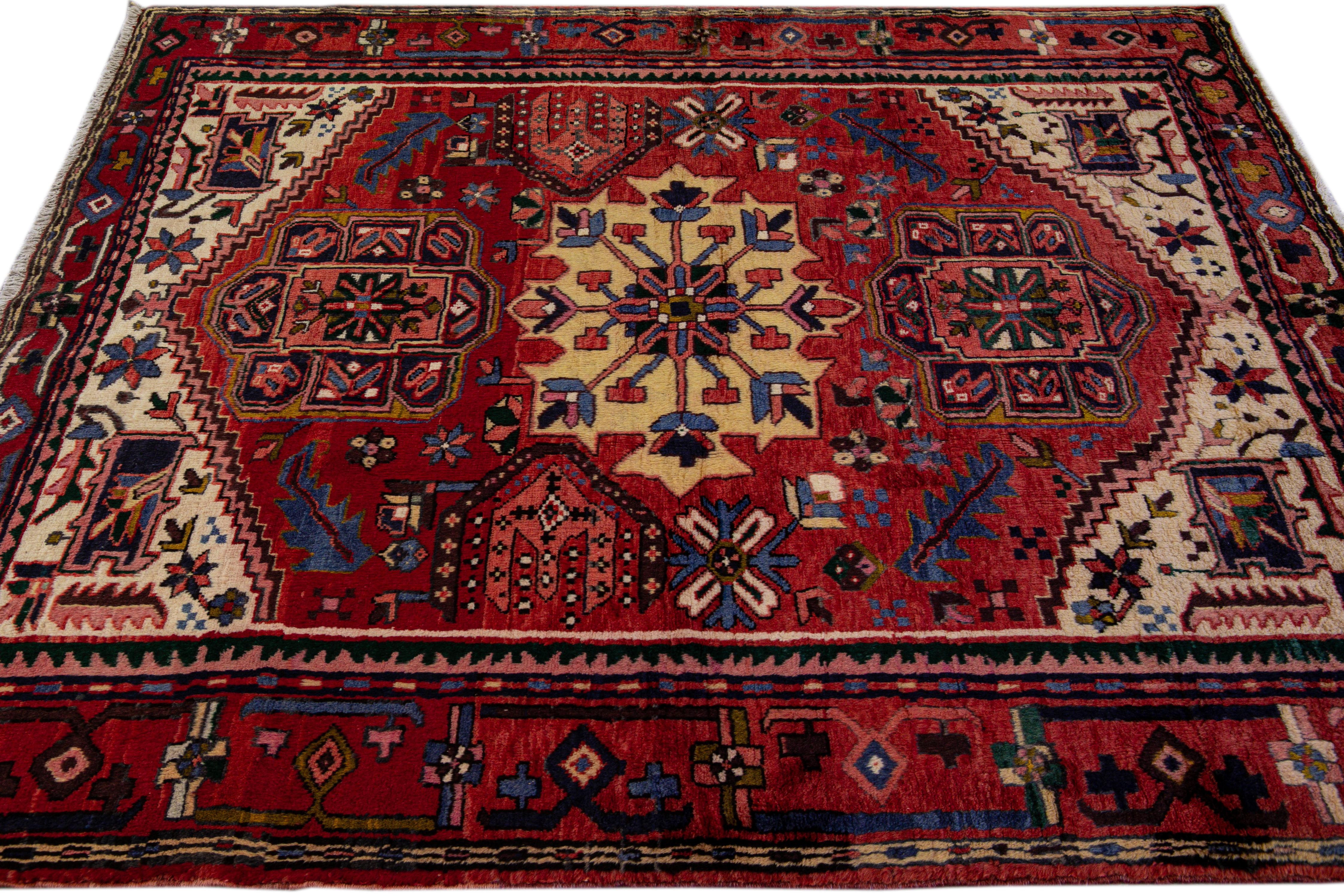 Red Antique Heriz Persian Handmade Medallion Square Wool Rug In Excellent Condition For Sale In Norwalk, CT