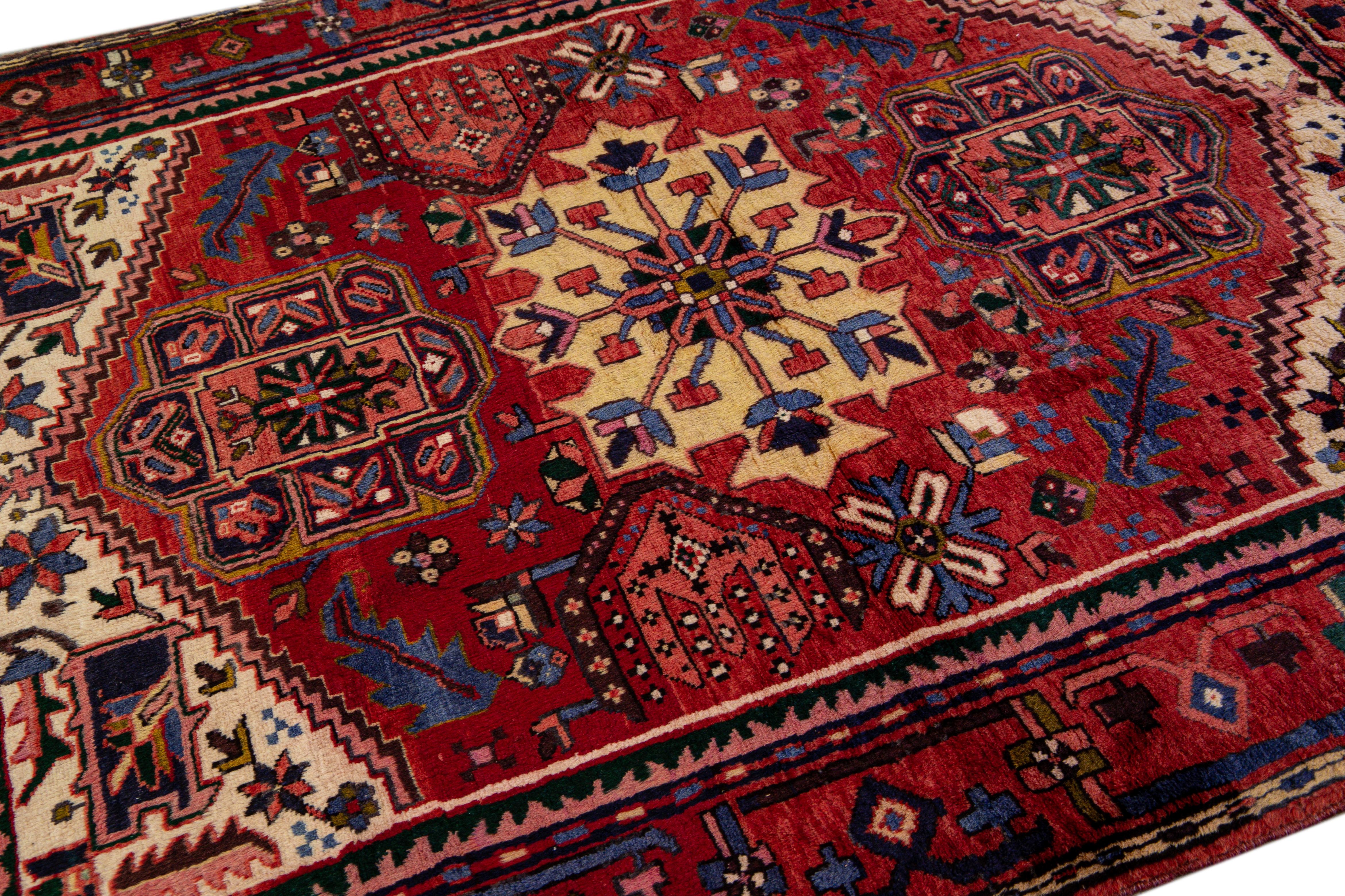 Early 20th Century Red Antique Heriz Persian Handmade Medallion Square Wool Rug For Sale