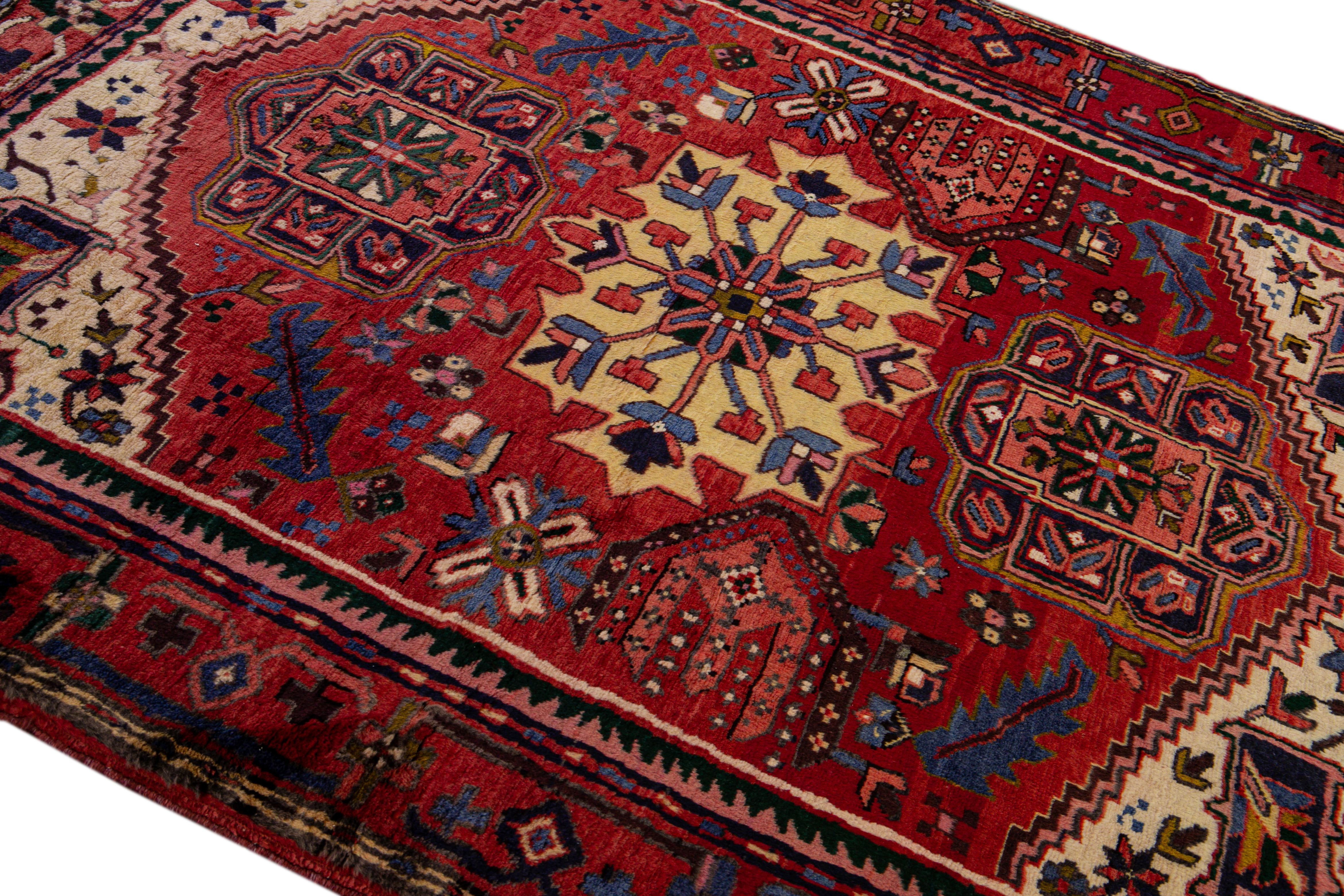 Red Antique Heriz Persian Handmade Medallion Square Wool Rug For Sale 2