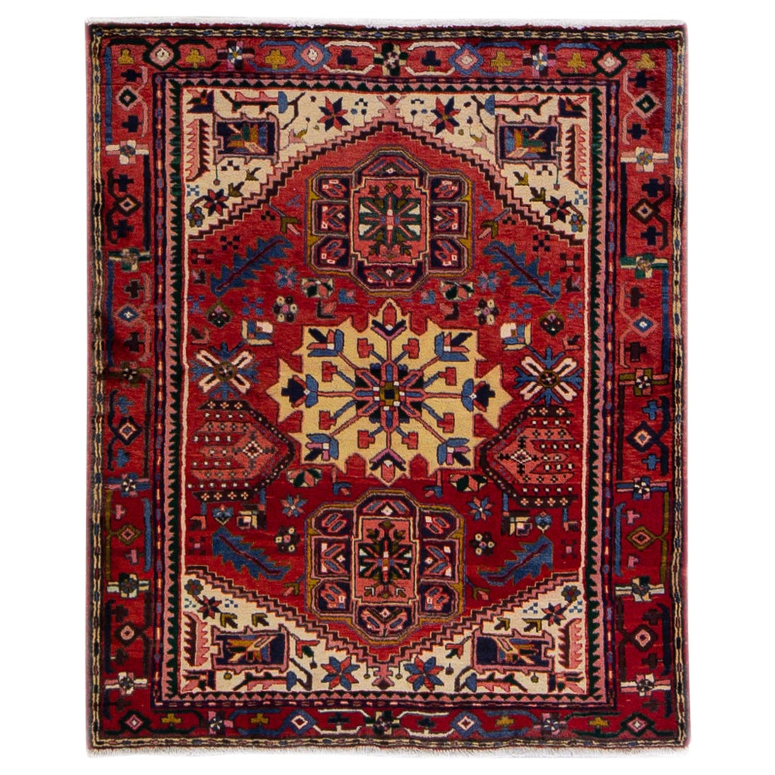 Roter antiker Heriz Persischer handgefertigter quadratischer Medaillon-Wollteppich