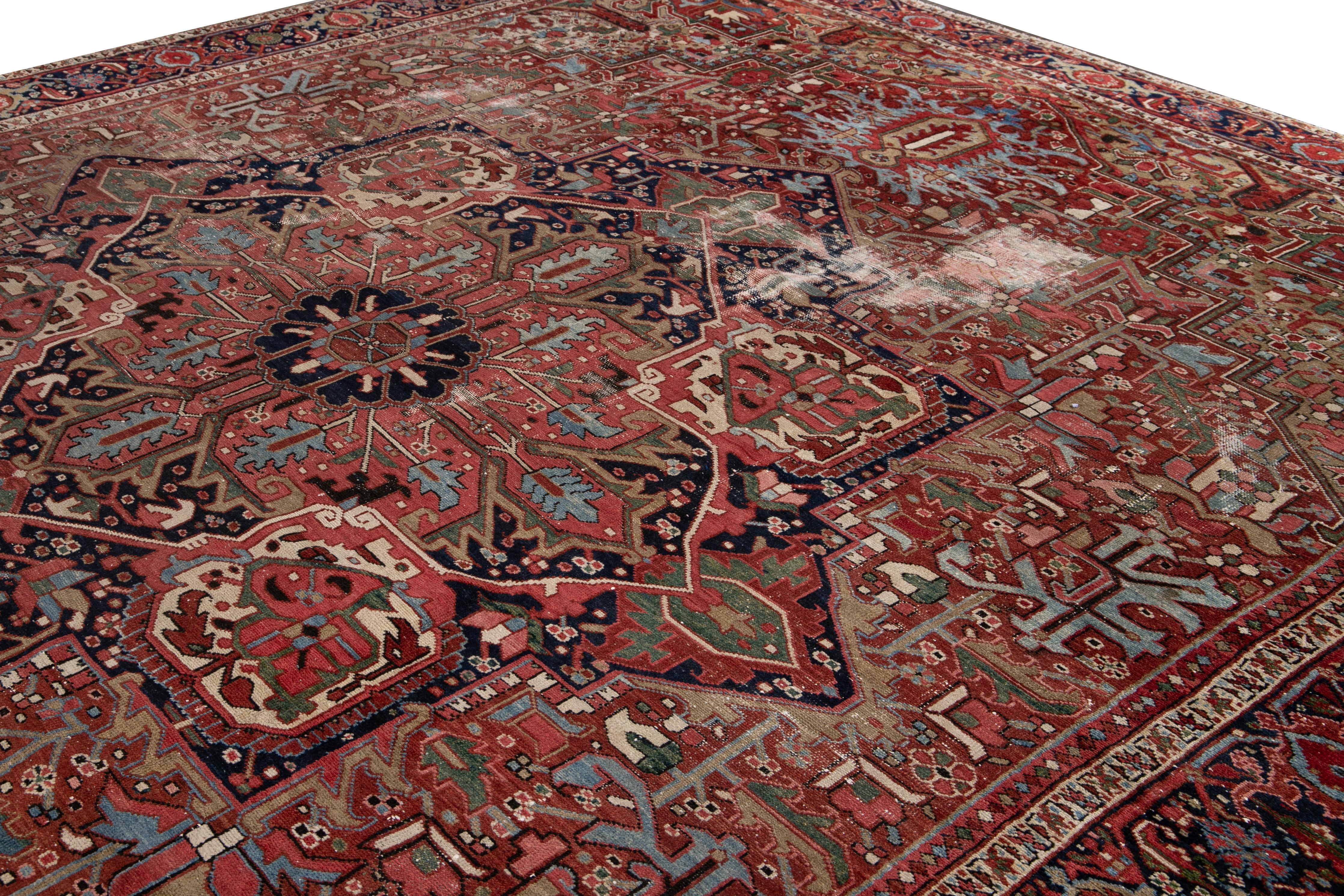Hand-Knotted Red Antique Heriz Shabby Chic Handmade Wool Rug For Sale