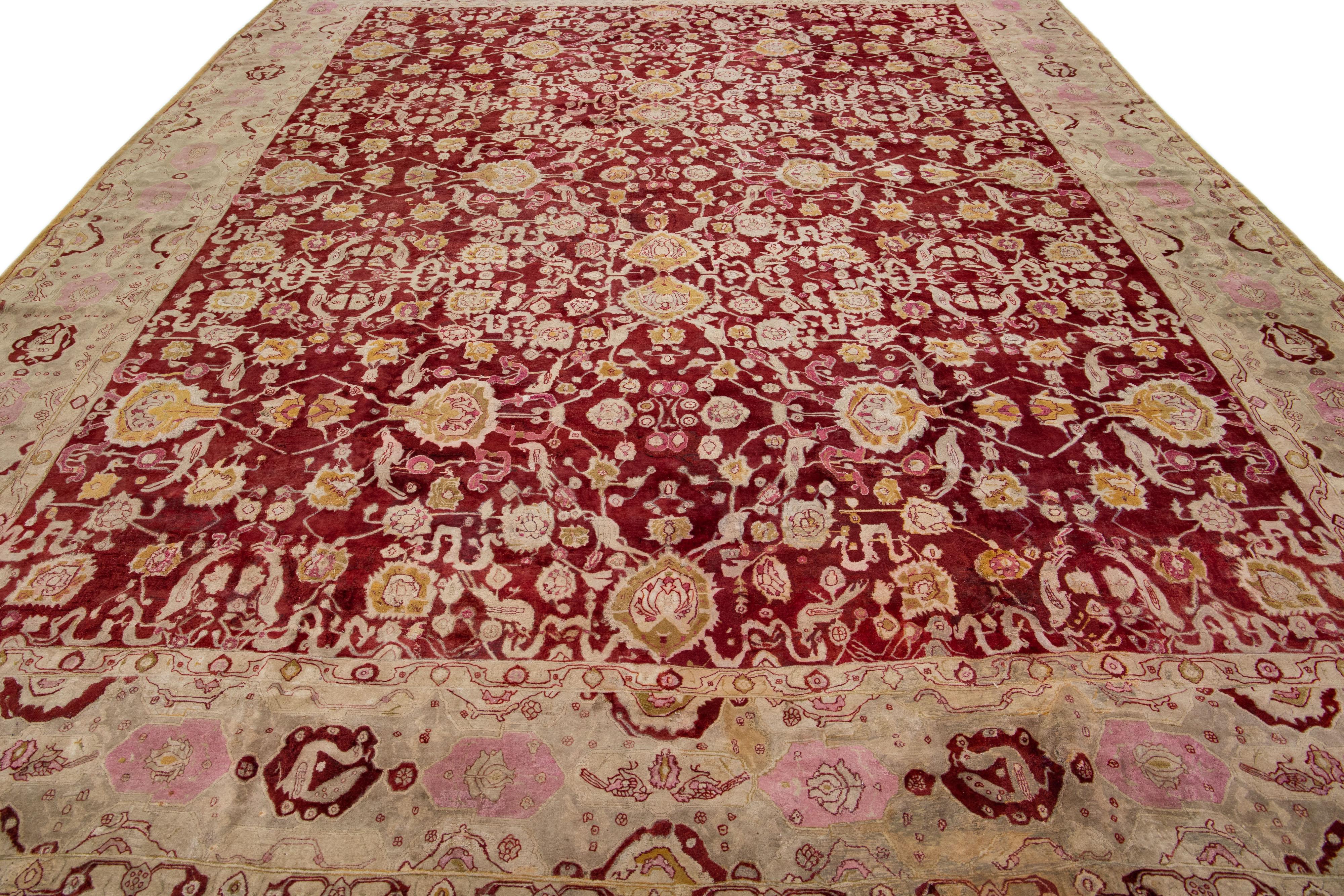 Anglo-Indian Red Antique Indian Agra Handmade Allover Motif Wool Rug For Sale