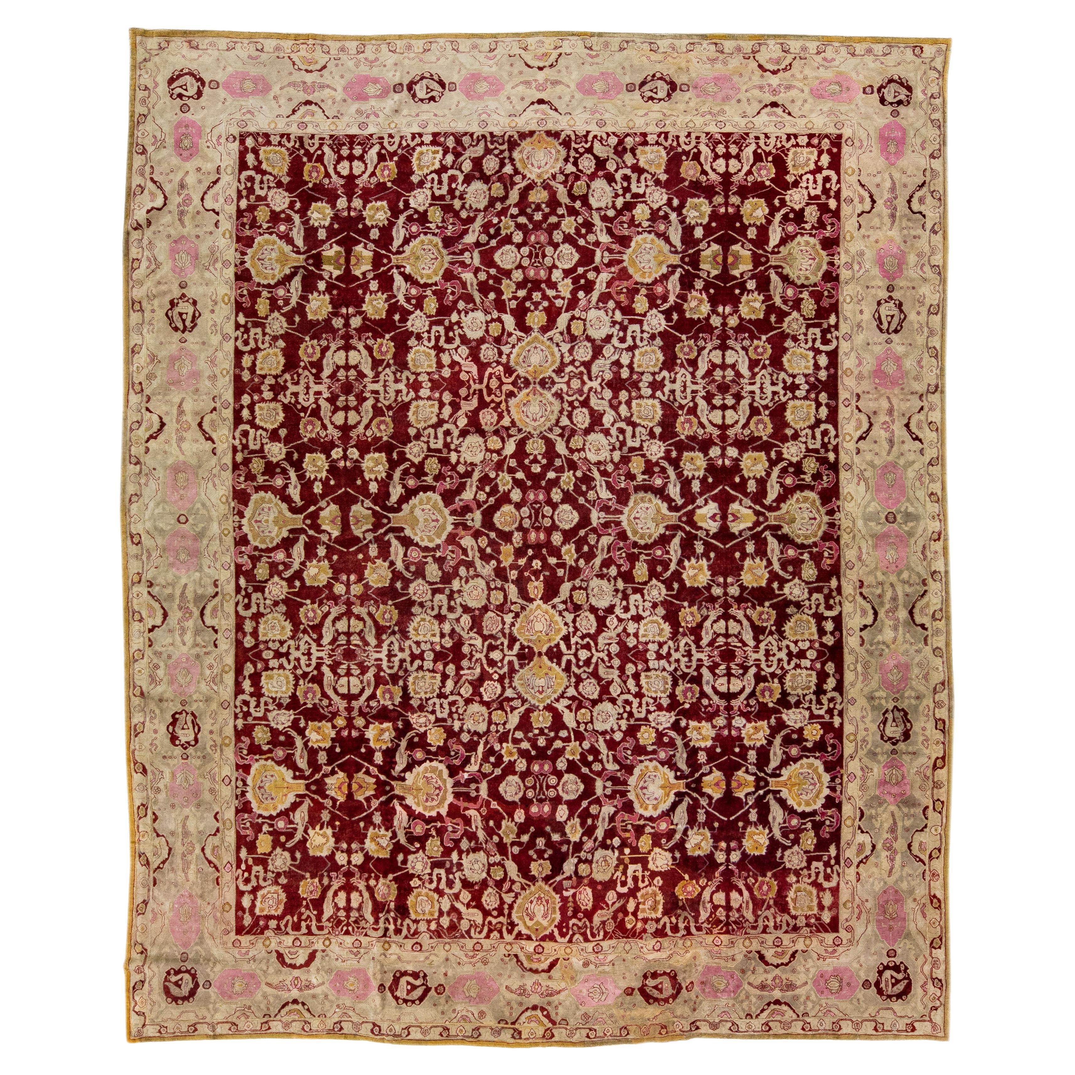 Red Antique Indian Agra Handmade Allover Motif Wool Rug For Sale
