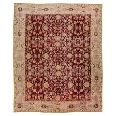 Red Antique Indian Agra Handmade Allover Motif Wool Rug