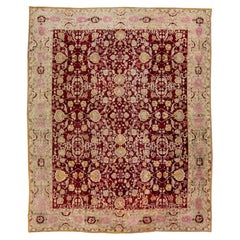 Tapis en laine rouge antique indien Agra fait à la main à motifs allover