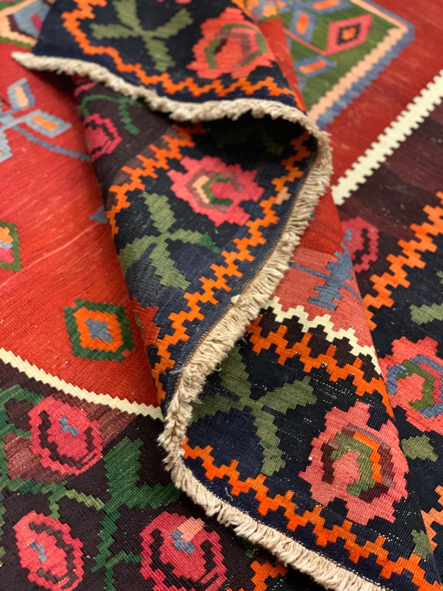 Azerbaijani Red Antique Kilim Rug Caucasian Karabagh Flatweave Wool Rug For Sale