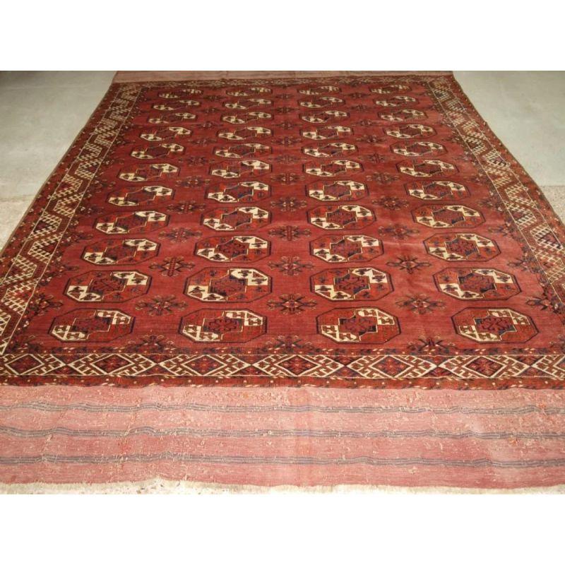 An antique Kizyl Ayak Ersari Turkmen main carpet with the ‘tauk nuska’ ’ gul design; each segment of the gul contains two double headed birds. The carpet has a soft red ground colour which gives the carpet a very warm look, the border is of a