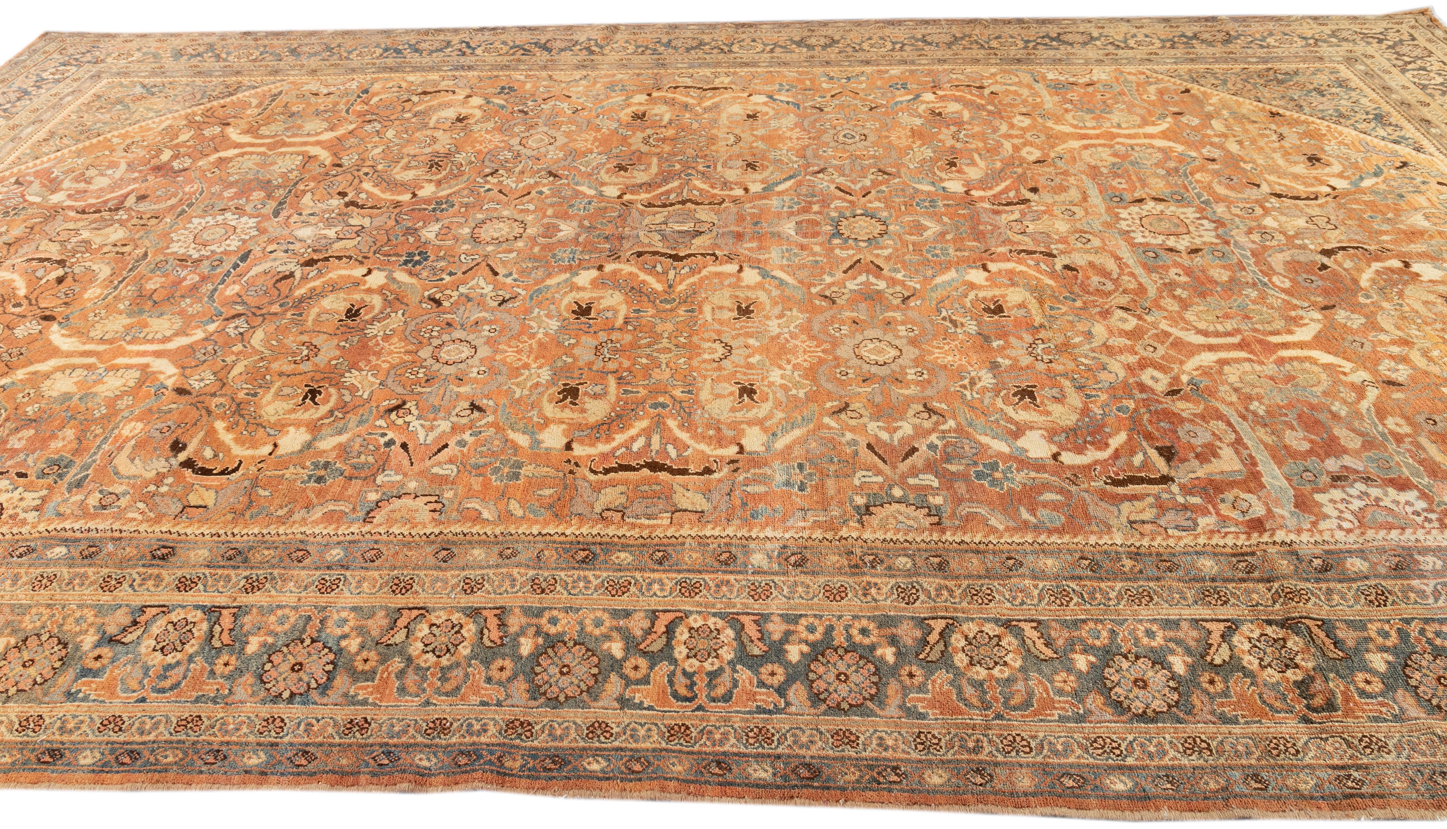Rusted Antique Mahal Handmade Allover Floral Motif Wool Rug For Sale 2