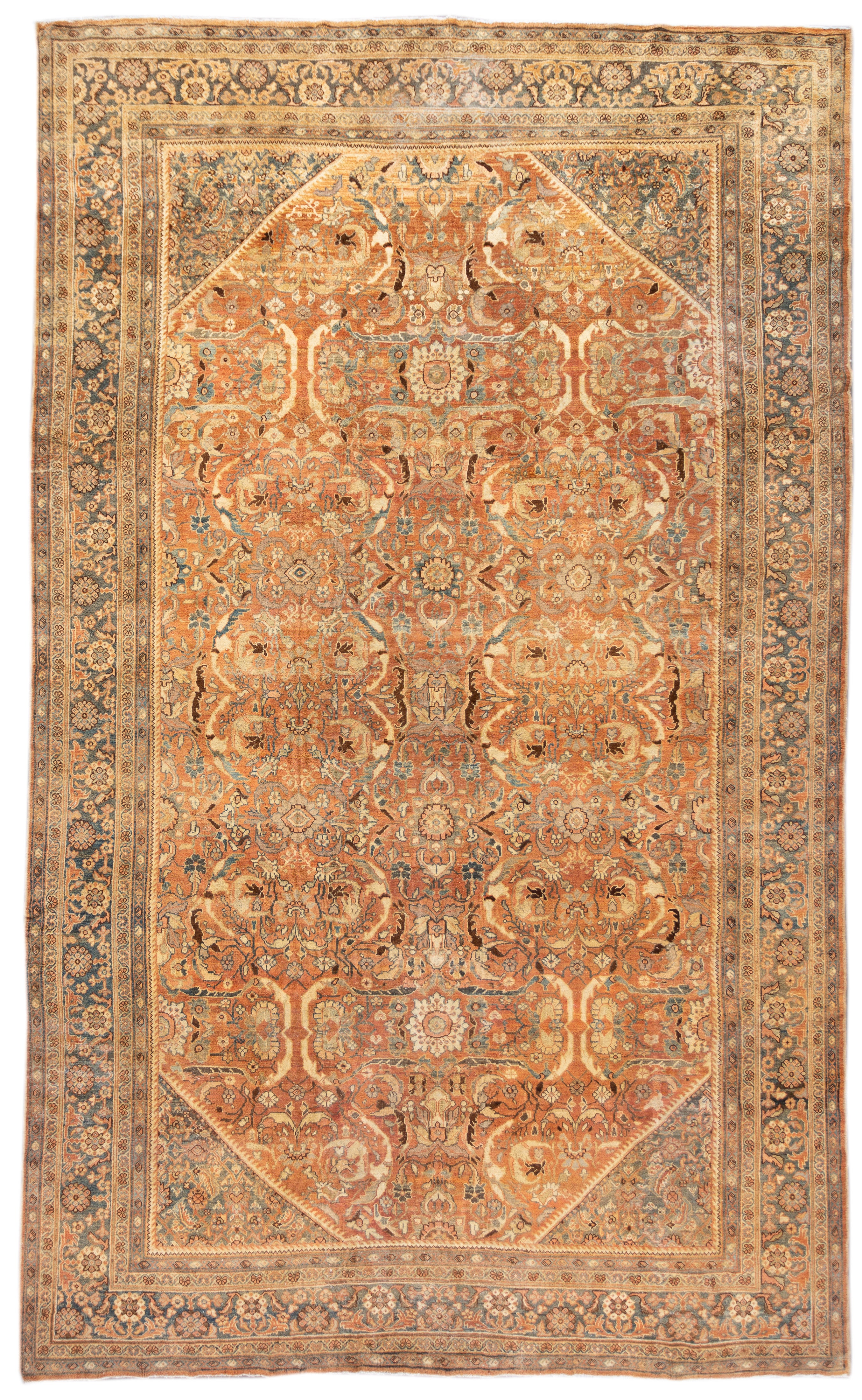 Rusted Antique Mahal Handmade Allover Floral Motif Wool Rug For Sale