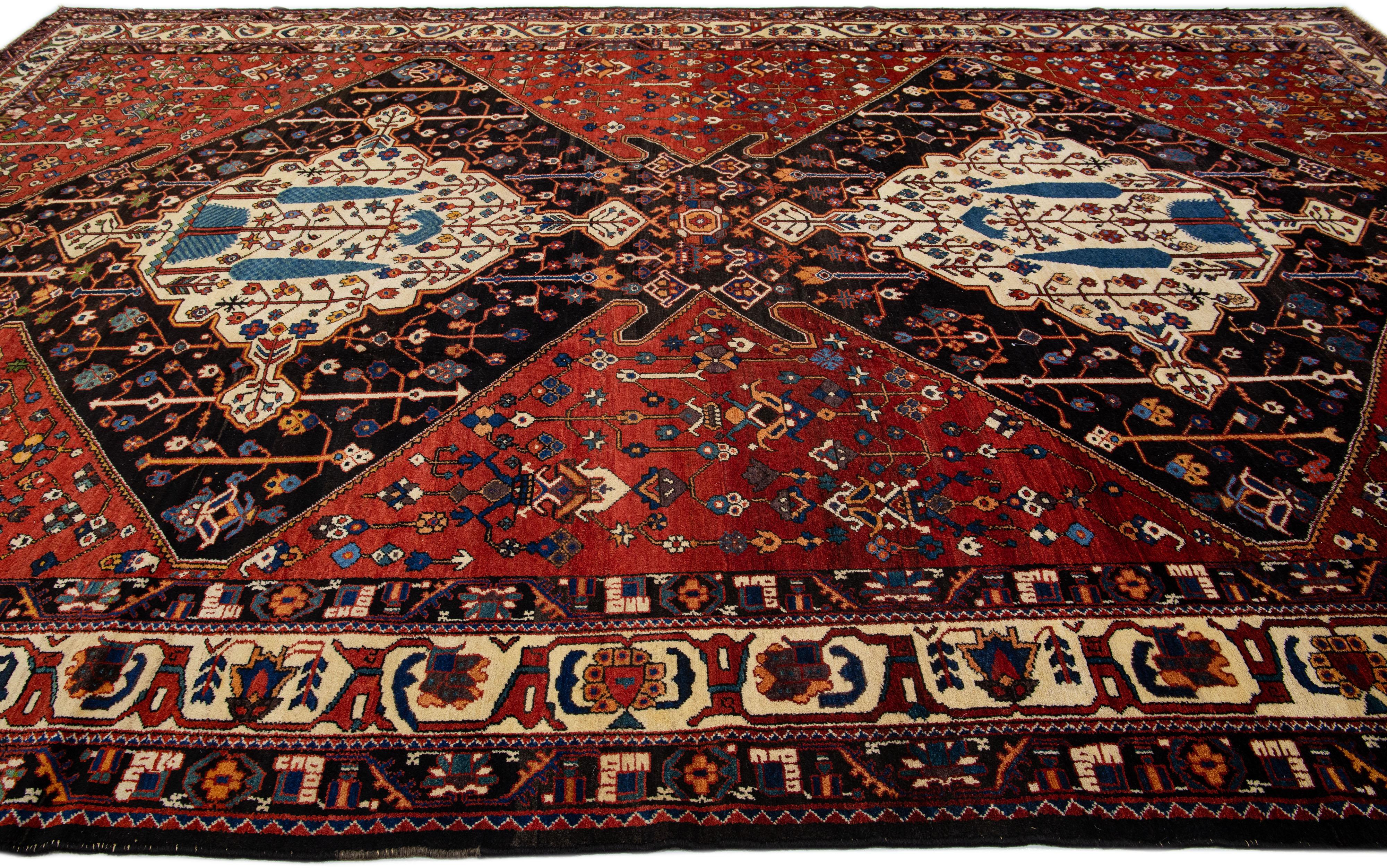 Hand-Knotted Red Antique Persian Bakhtiari Handmade Wool Rug Allover Motif For Sale